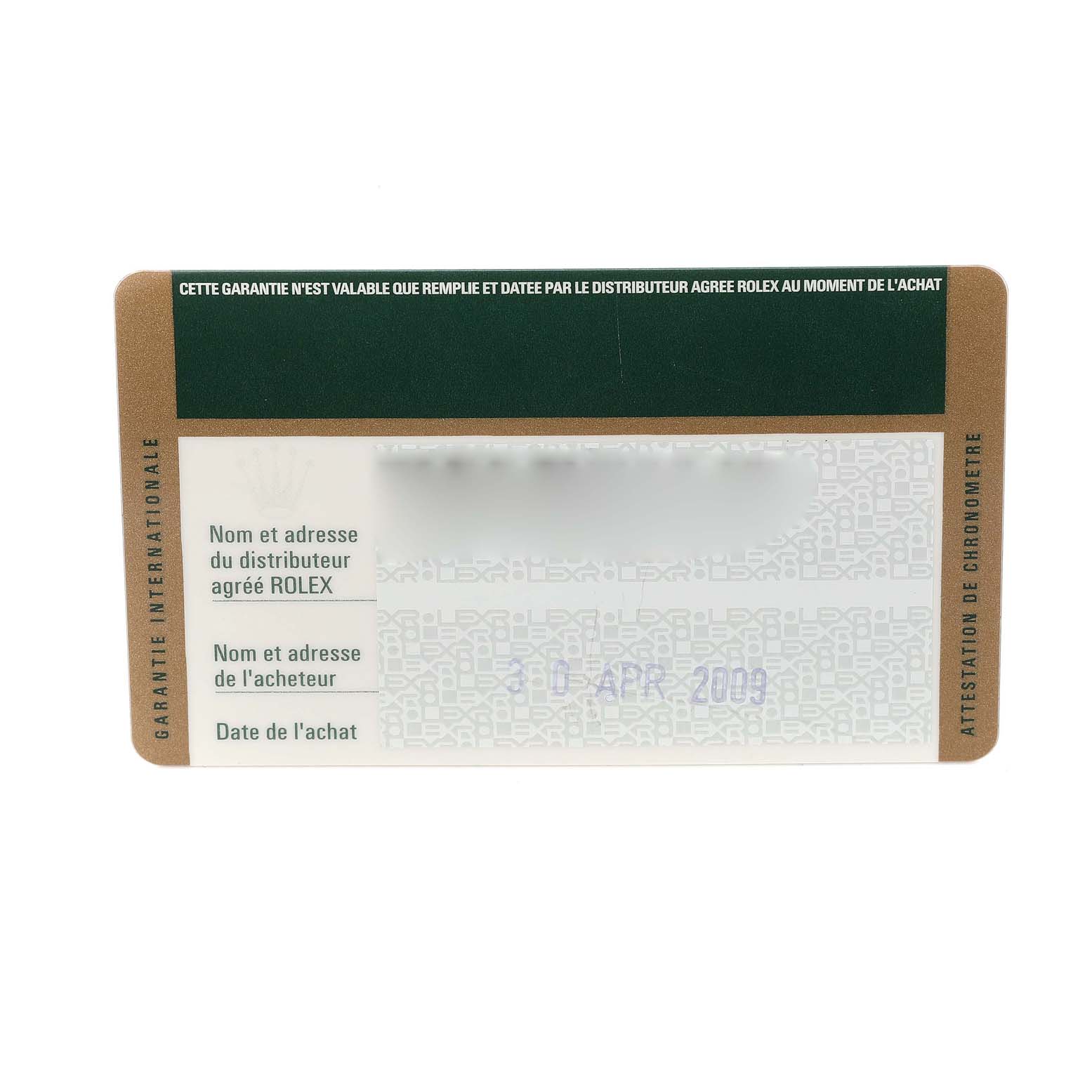 This image shows the warranty card for a Rolex Submariner 16610 Men
s Stainless Steel Black Dial 16610 Men
s Stainless Steel Black Dial watch.