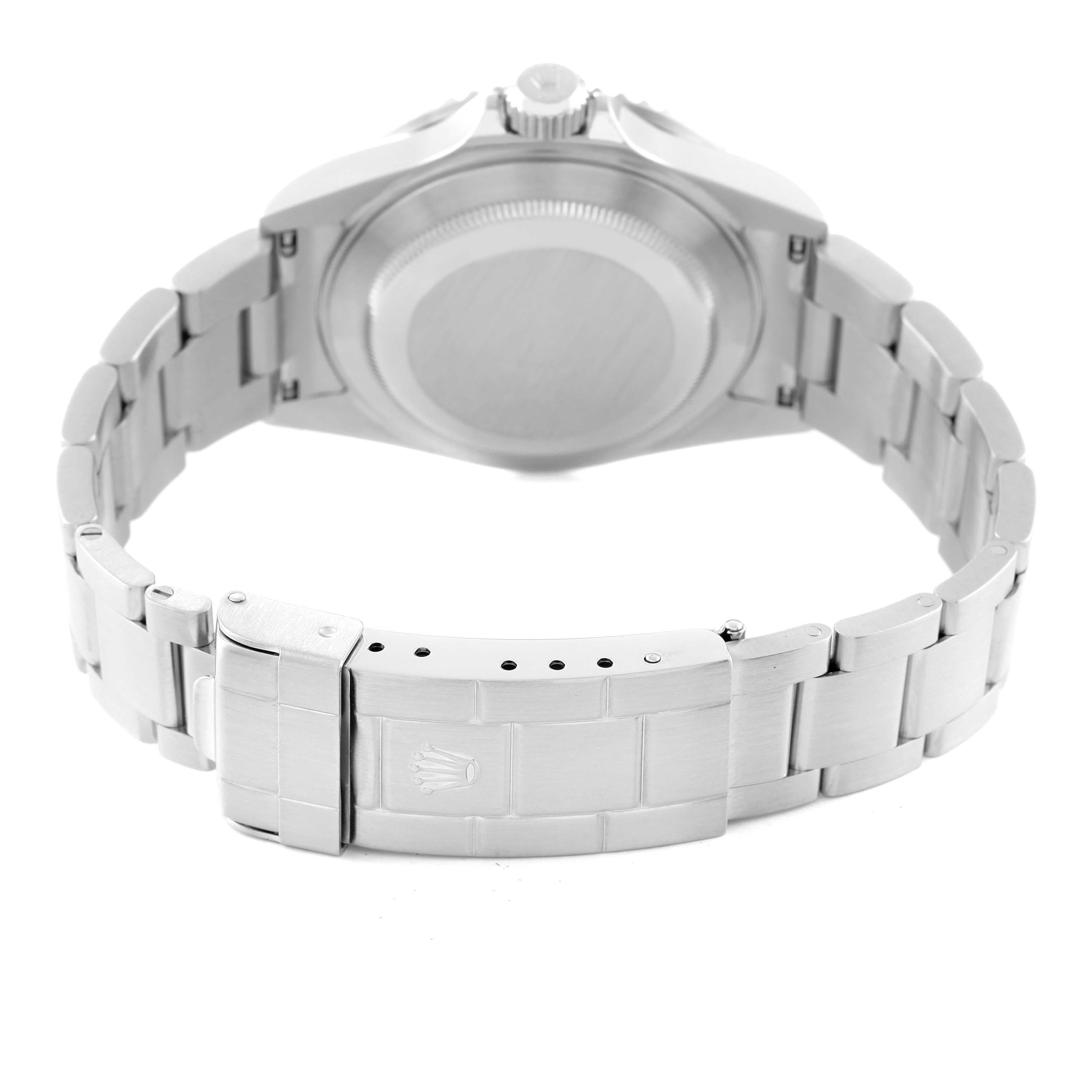 The image shows the back view of a Rolex Submariner 16610 Men
s Stainless Steel Black Dial 16610 Men
s Stainless Steel Black Dial watch, focusing on the clasp and bracelet.