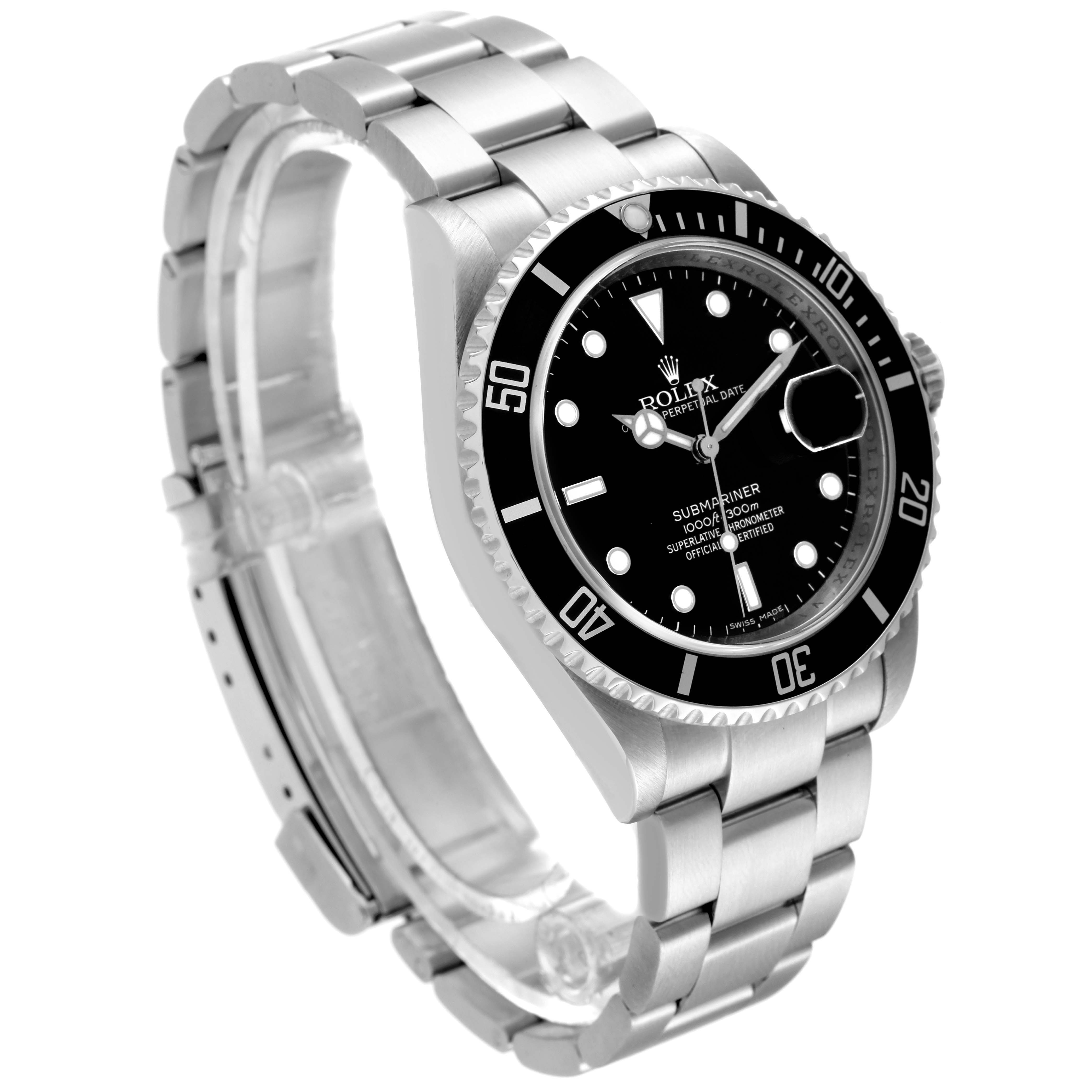 This image shows a Rolex Submariner 16610 Men
s Stainless Steel Black Dial 16610 Men
s Stainless Steel Black Dial watch from a three-quarters angle, highlighting its bezel, dial, and bracelet.