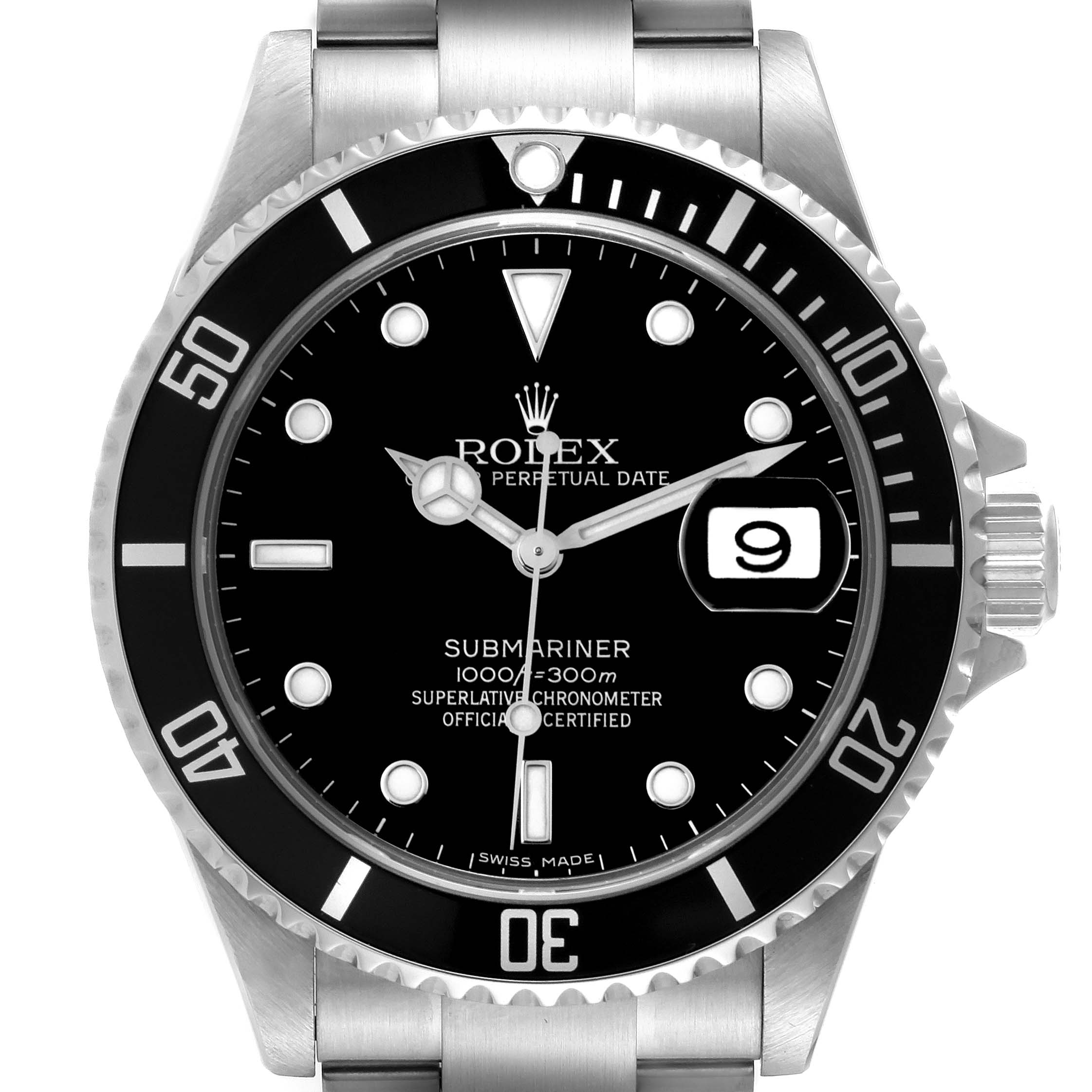 This image shows a front view of a Rolex Submariner 16610 Men
s Stainless Steel Black Dial 16610 Men
s Stainless Steel Black Dial watch, highlighting its face, bezel, and part of the bracelet.
