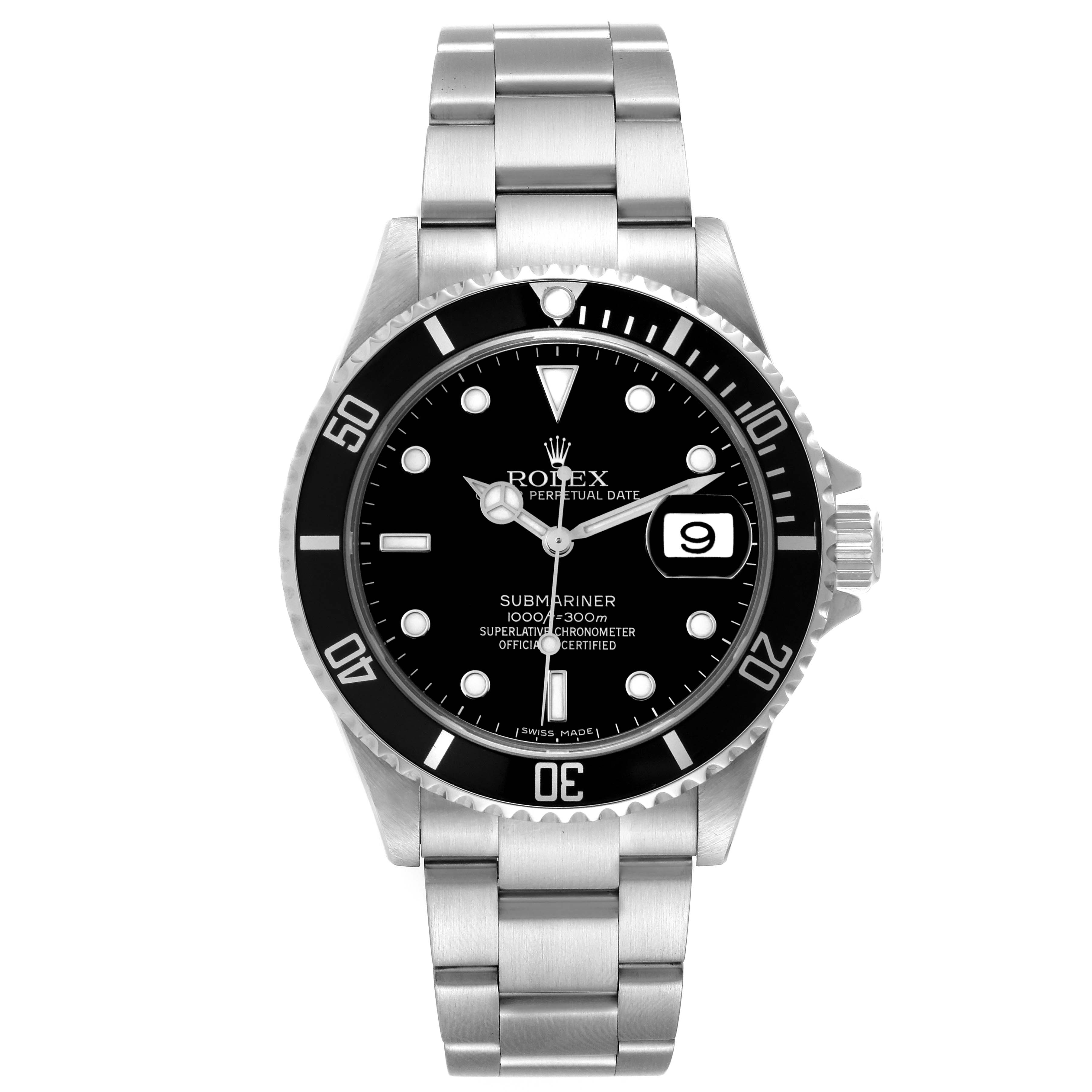 The image shows a front view of the Rolex Submariner 16610 Men
s Stainless Steel Black Dial 16610 Men
s Stainless Steel Black Dial model watch, displaying its dial, bezel, and bracelet.