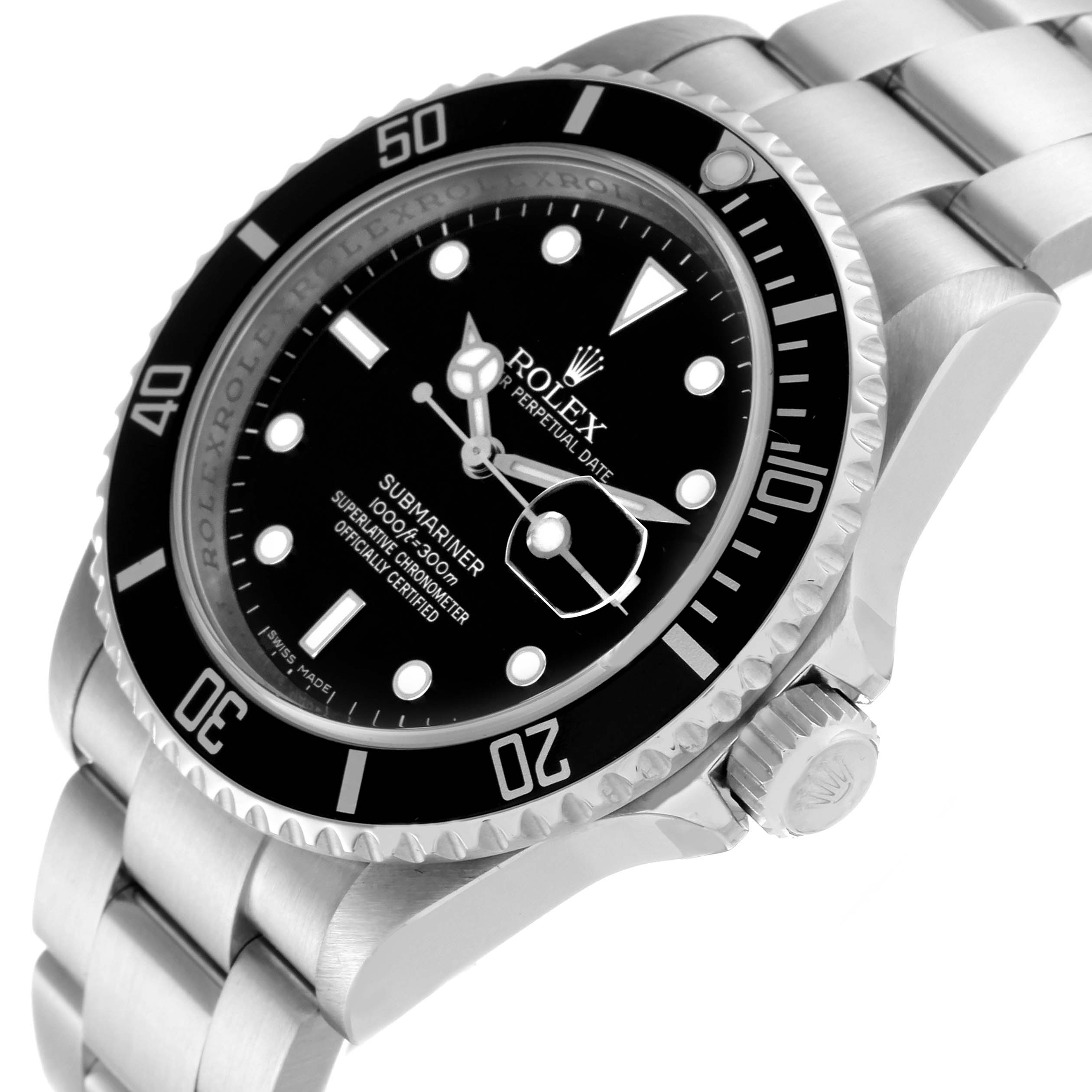 This image shows a side angle of a Rolex Submariner 16610 Men
s Stainless Steel Black Dial 16610 Men
s Stainless Steel Black Dial watch displaying the face, bezel, crown, and part of the bracelet.