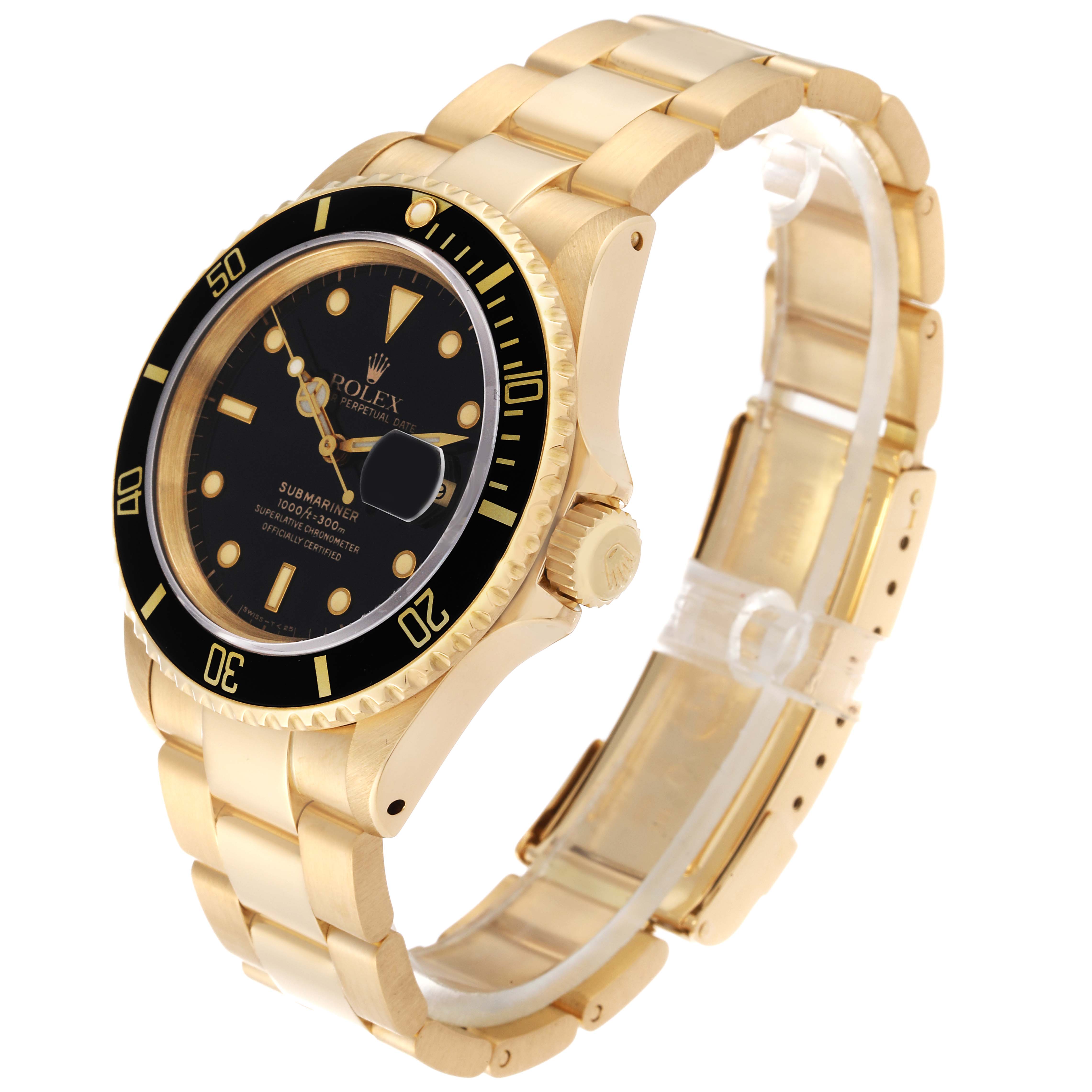 The image shows a gold Rolex Submariner 16618 Men's Yellow Gold Black Dial 16618 Men's Yellow Gold Black Dial watch angled from the front left side, highlighting its face, bezel, and bracelet.