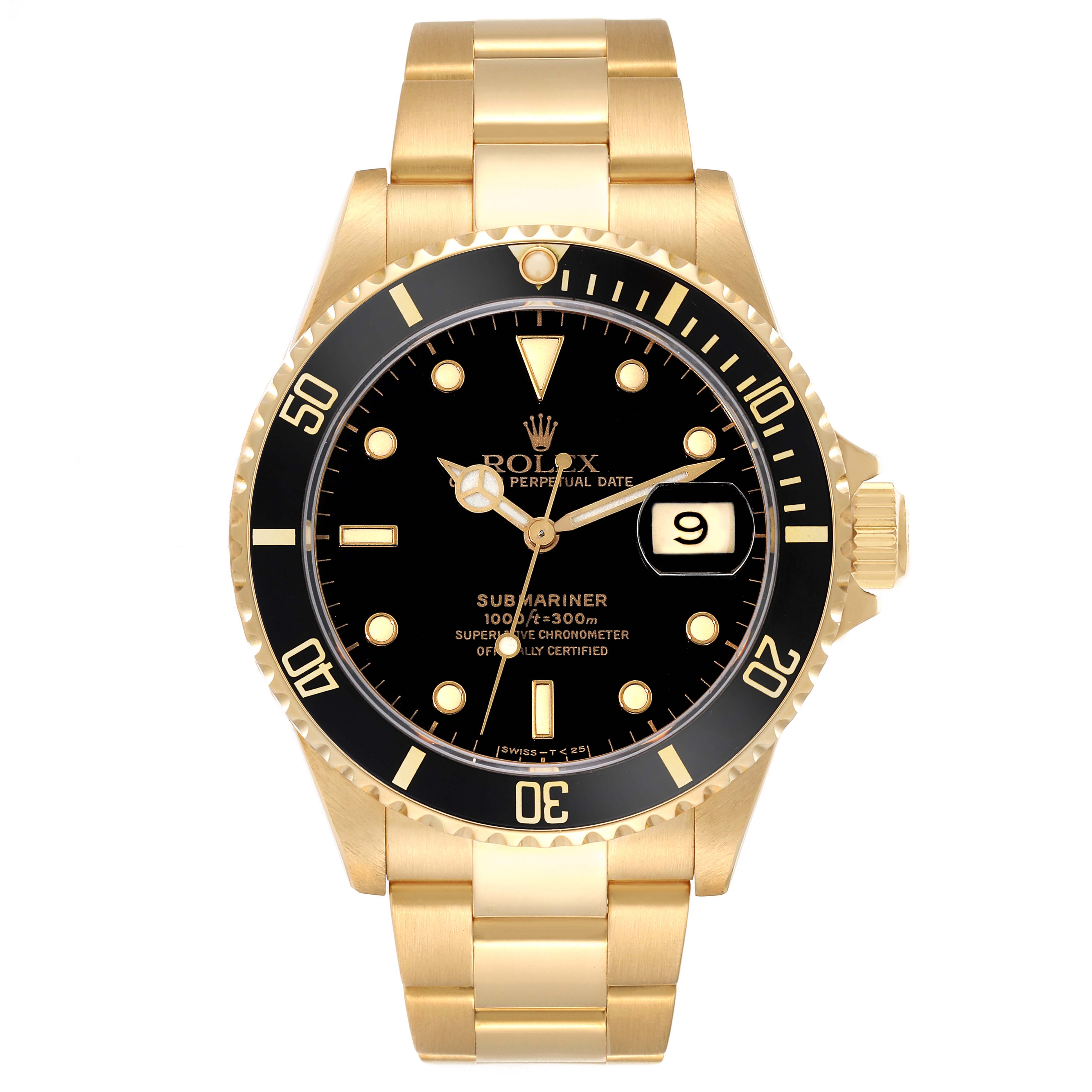 This image shows a front view of a Rolex Submariner 16618 Men's Yellow Gold Black Dial 16618 Men's Yellow Gold Black Dial watch, highlighting its gold bracelet, black dial, and date display.