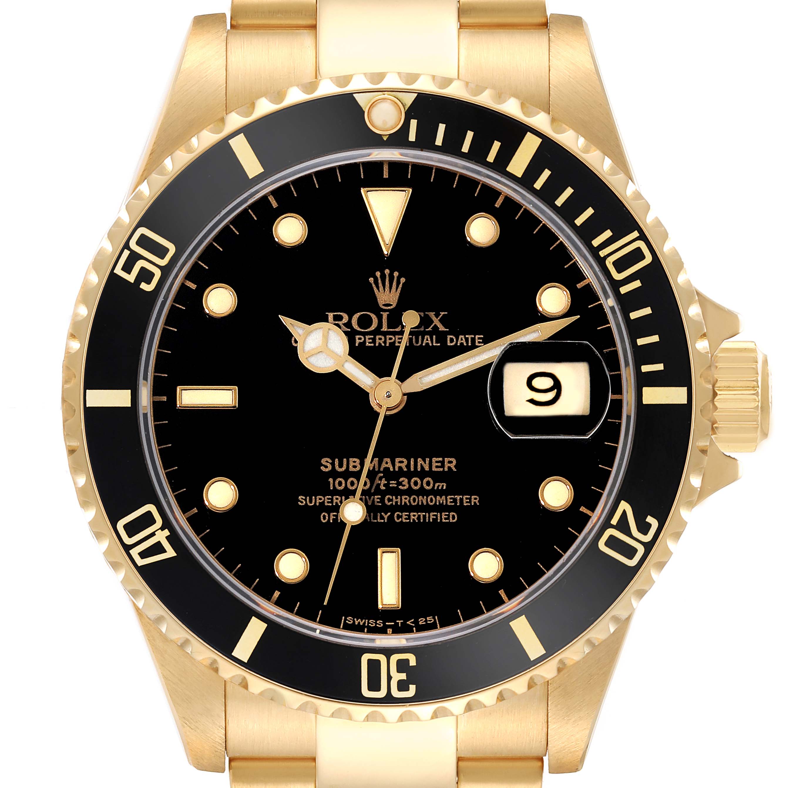The image shows a front view of the Rolex Submariner 16618 Men's Yellow Gold Black Dial 16618 Men's Yellow Gold Black Dial, highlighting the face, bezel, and part of the bracelet.
