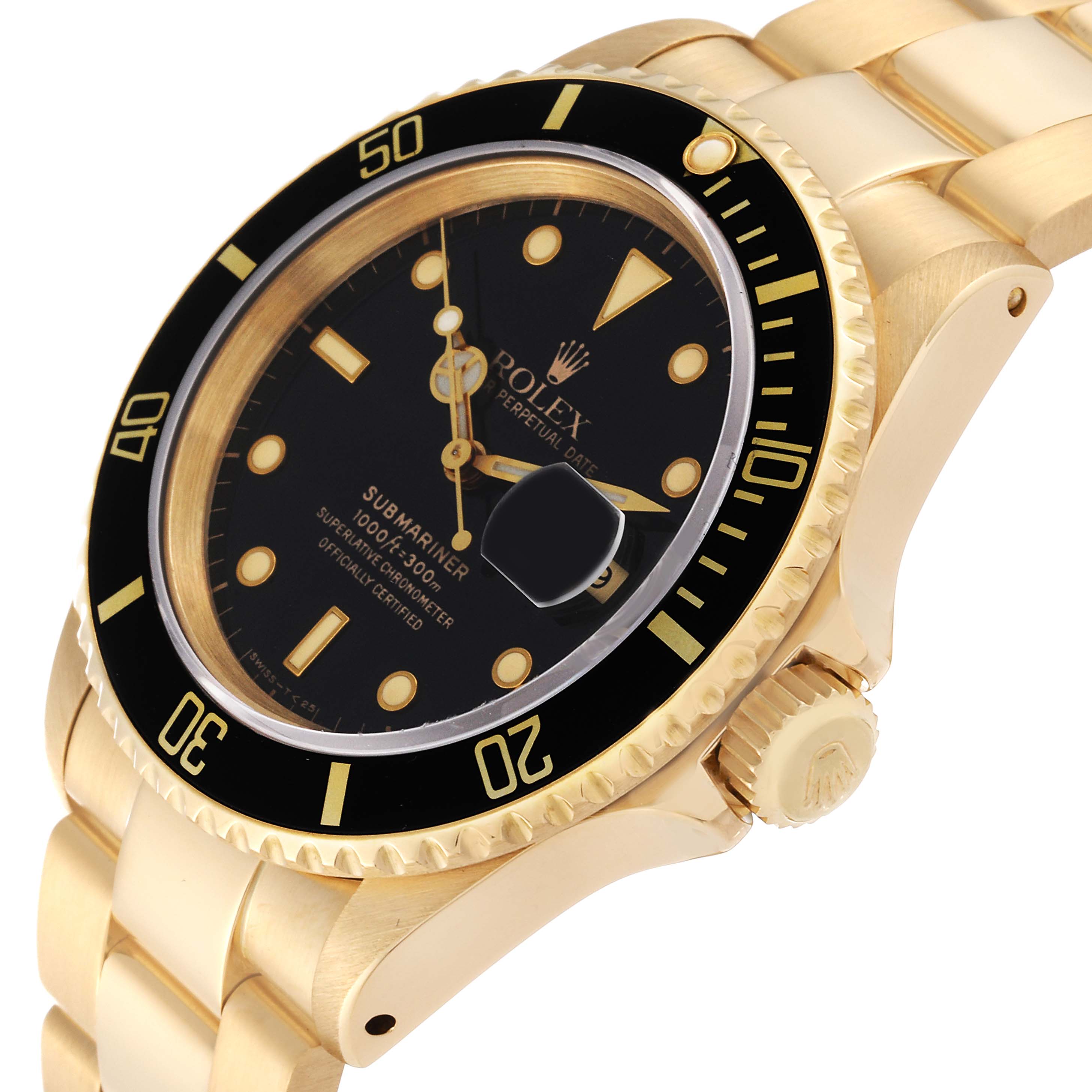 This image shows a side angle of a Rolex Submariner 16618 Men's Yellow Gold Black Dial 16618 Men's Yellow Gold Black Dial watch, detailing the crown, bezel, and part of the bracelet.