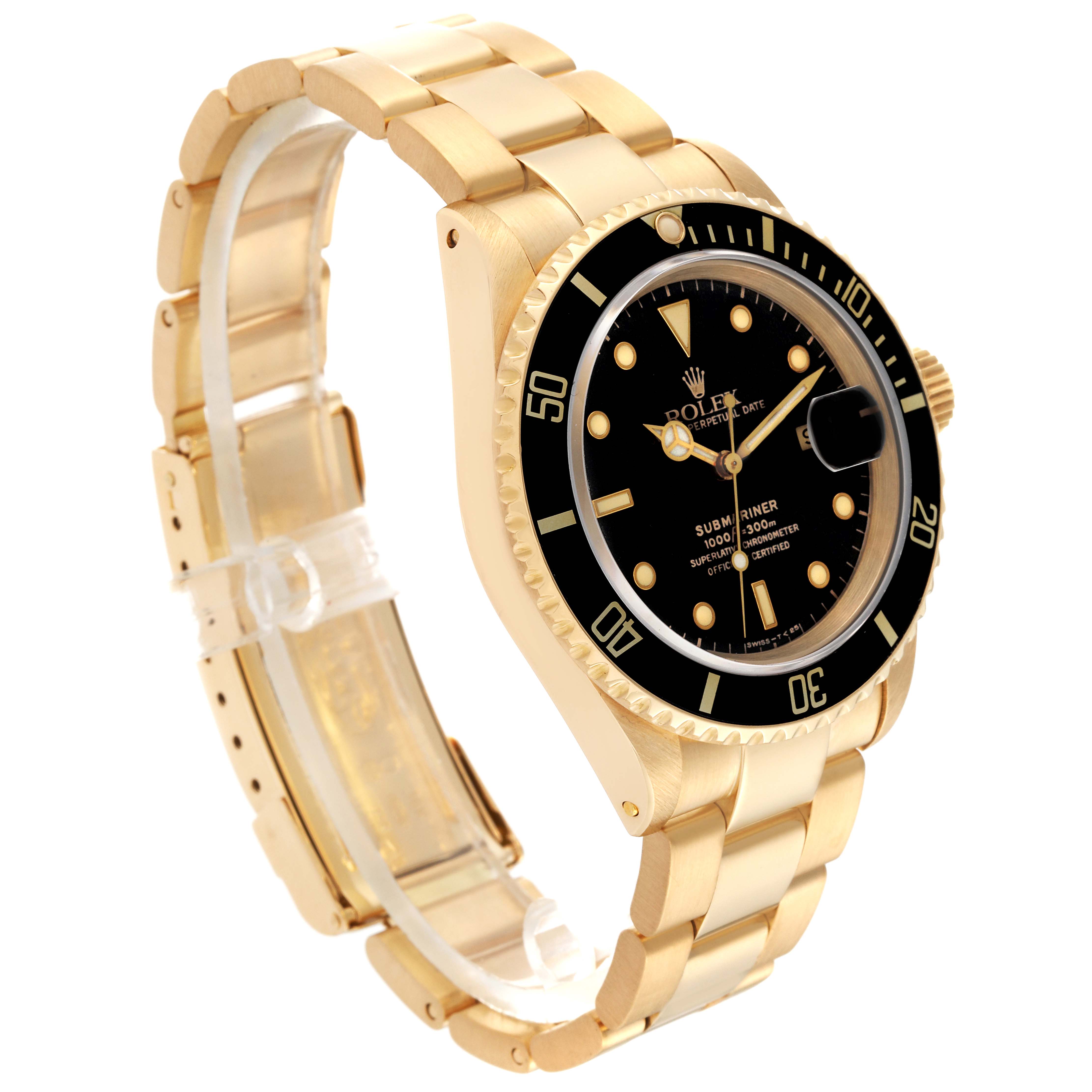 The image shows a side angle of the Rolex Submariner 16618 Men's Yellow Gold Black Dial 16618 Men's Yellow Gold Black Dial, highlighting its golden bracelet, black dial, bezel, and crown.