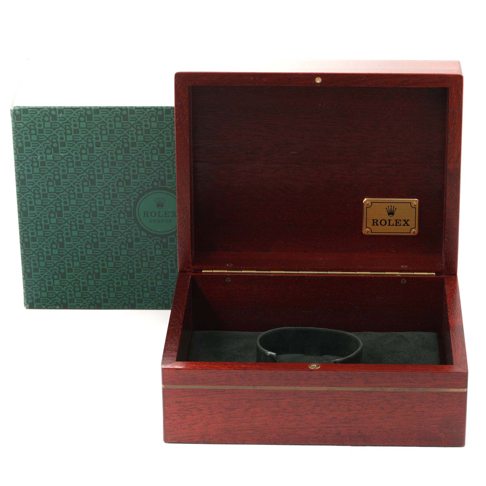 The image shows an open wooden Rolex watch box for a Submariner model, with the outer green patterned box visible behind.