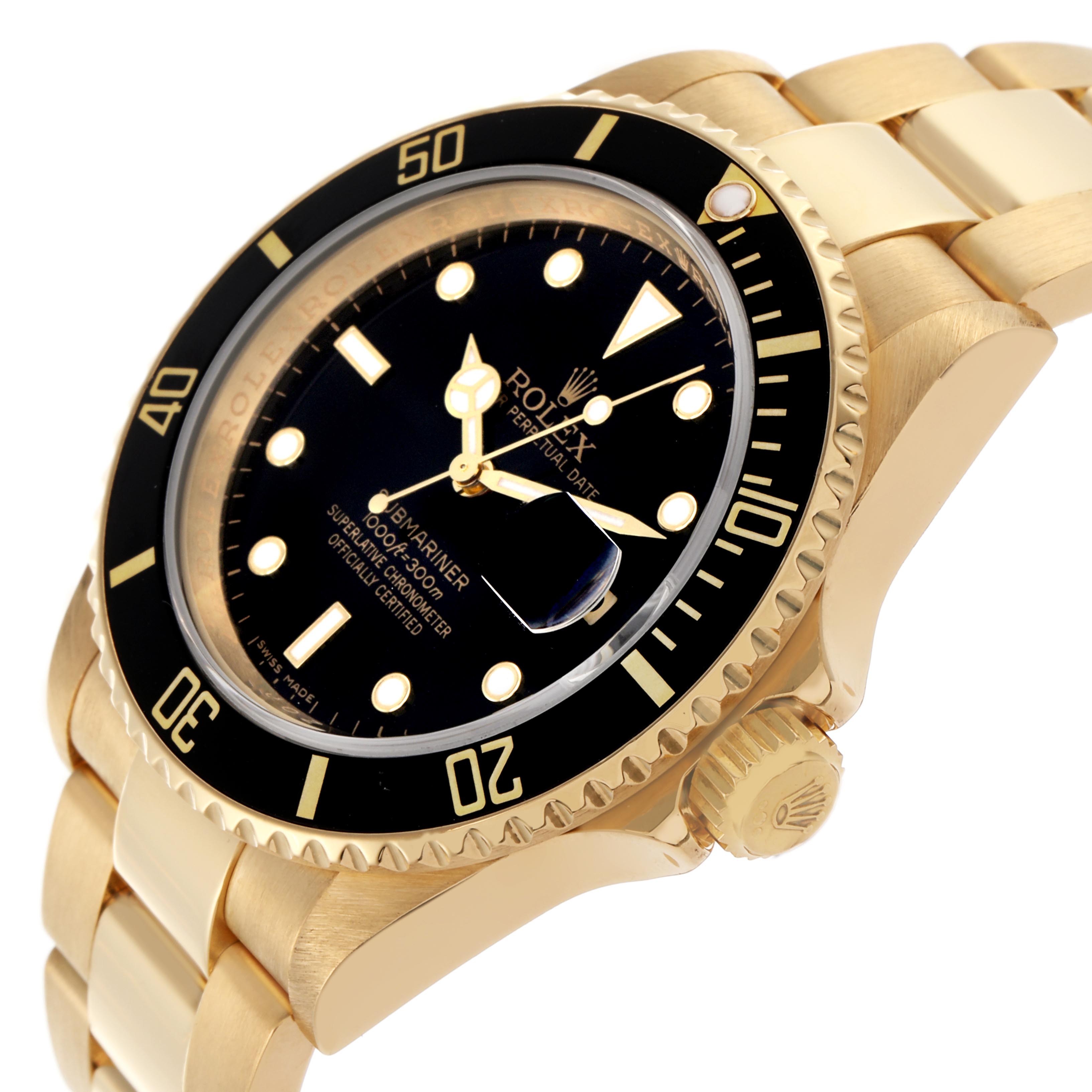 The Rolex Submariner 16618 Men's Yellow Gold Black Dial 16618 Men's Yellow Gold Black Dial is shown at a slight angle highlighting the face, bezel, crown, and part of the bracelet.