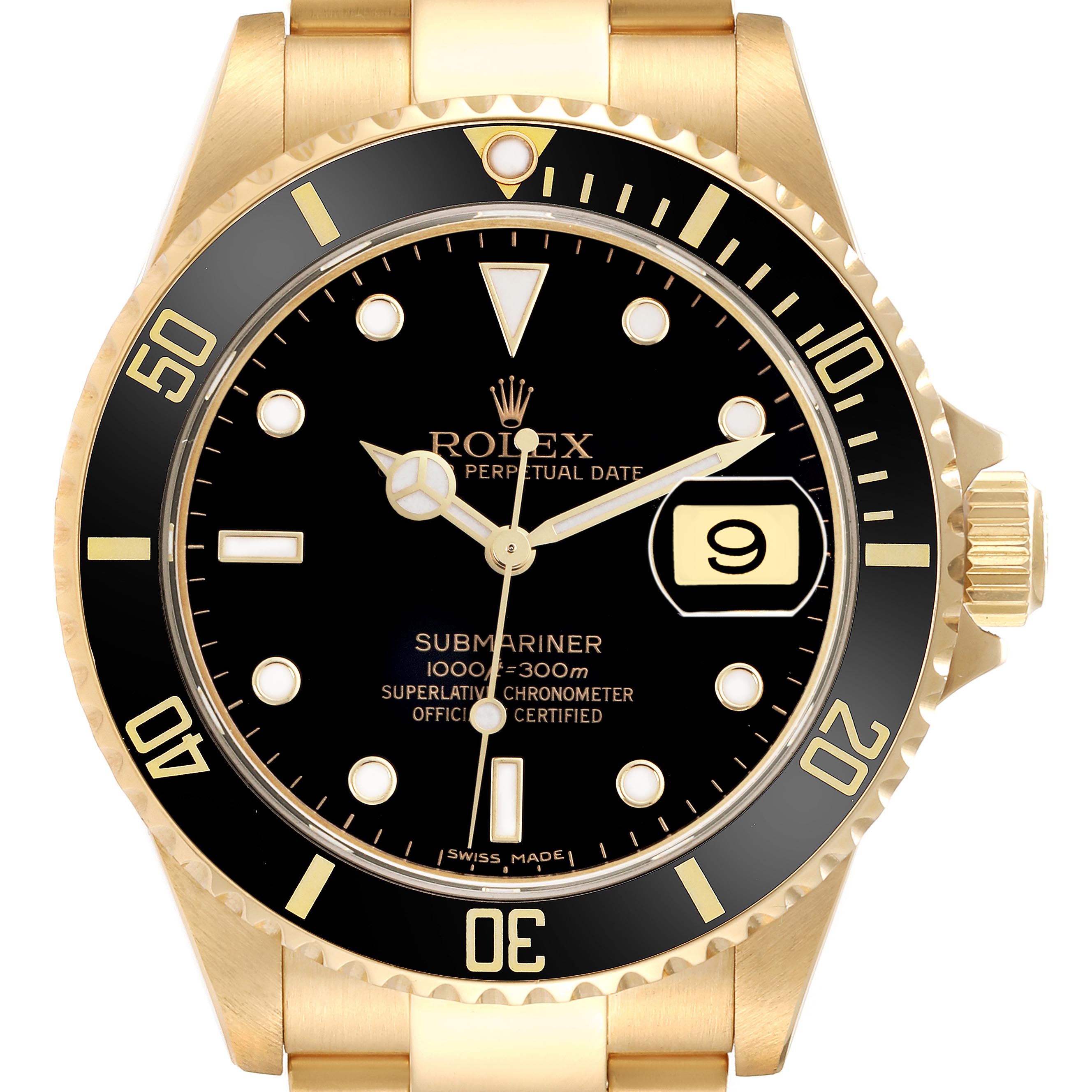 The Rolex Submariner 16618 Men's Yellow Gold Black Dial 16618 Men's Yellow Gold Black Dial watch is shown from a front angle, highlighting its dial, bezel, crown, and bracelet.