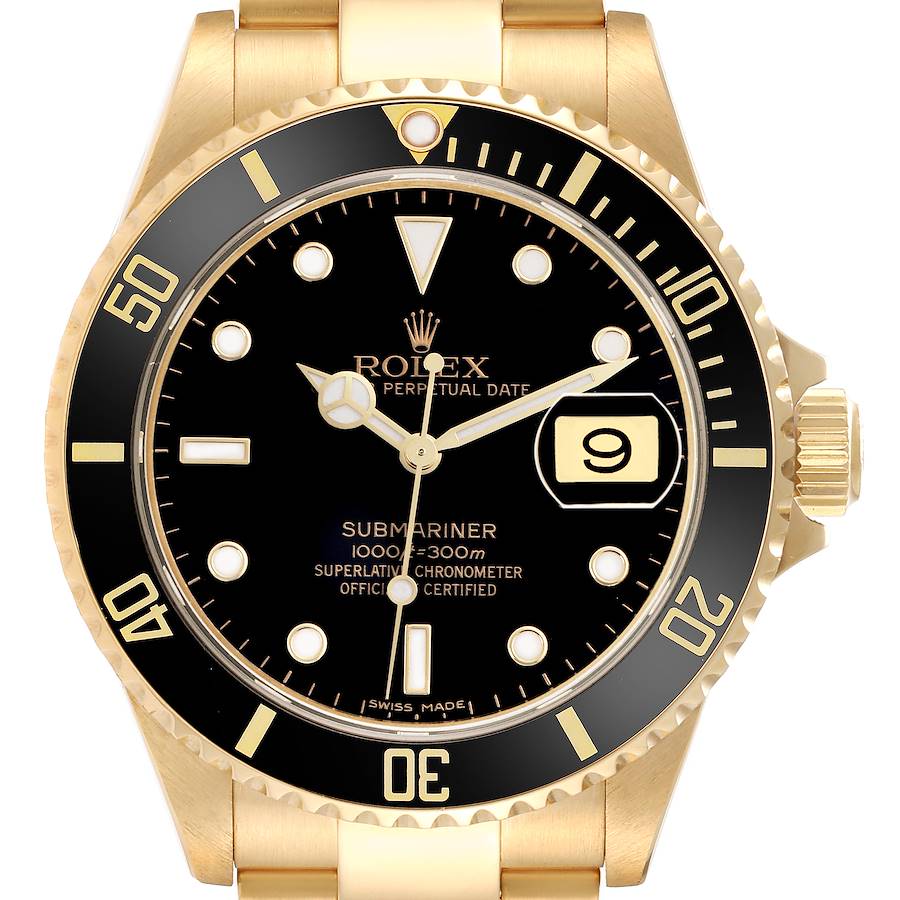 The Rolex Submariner watch is shown from a front angle, highlighting its dial, bezel, crown, and bracelet.
