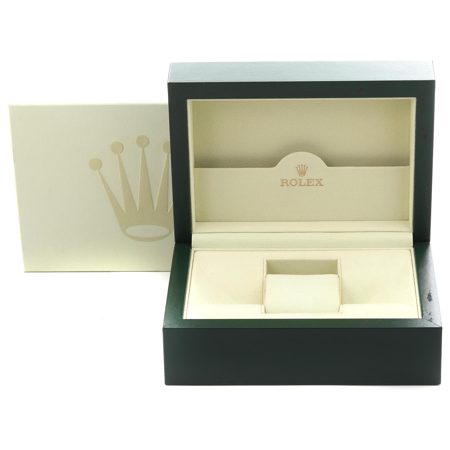 This image shows an empty Rolex Submariner 16618 Men's Yellow Gold Black Dial 16618 Men's Yellow Gold Black Dial watch box from a front angle, including its green exterior and beige interior.