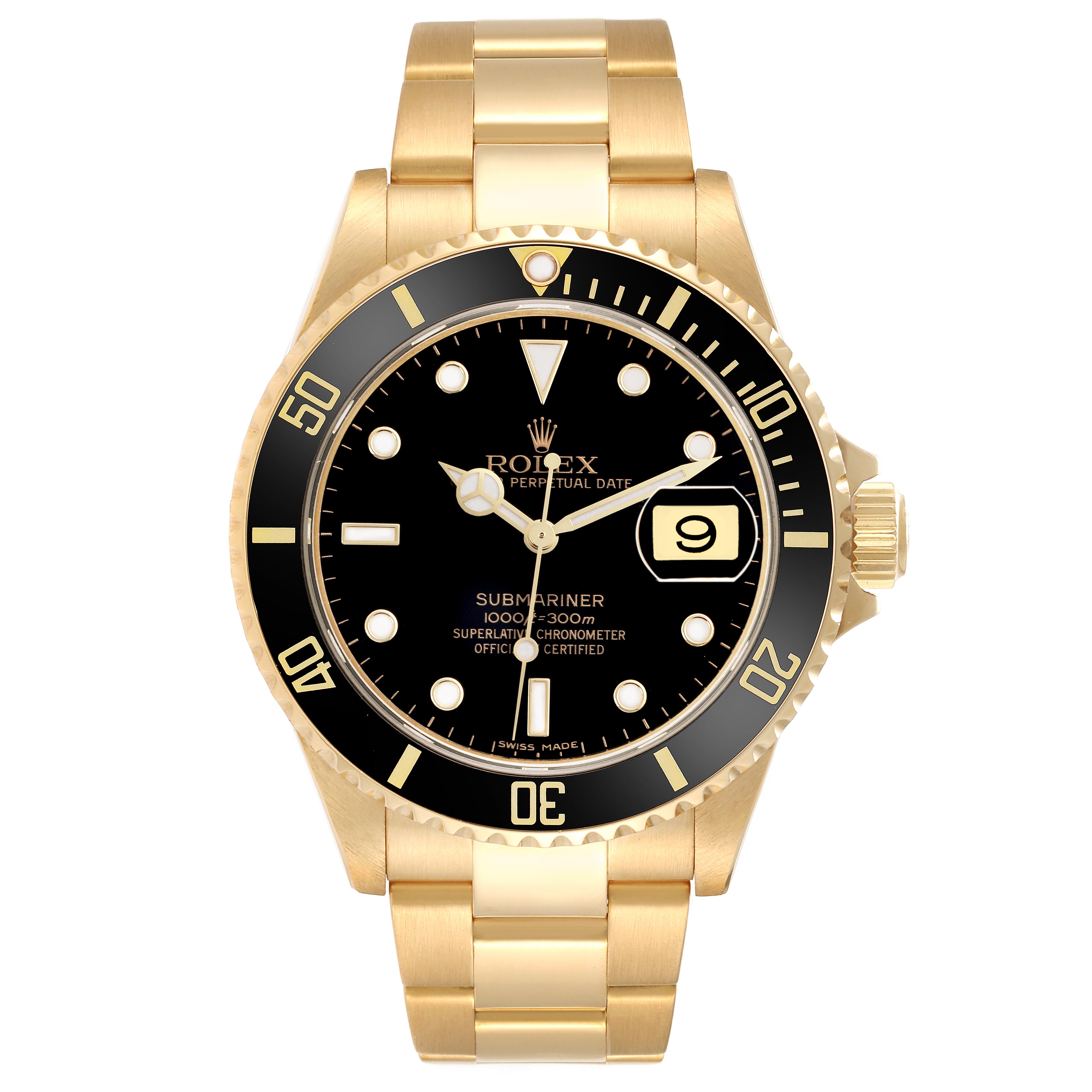 The Rolex Submariner 16618 Men's Yellow Gold Black Dial 16618 Men's Yellow Gold Black Dial watch is shown from a front angle, displaying the dial, bezel, and bracelet.