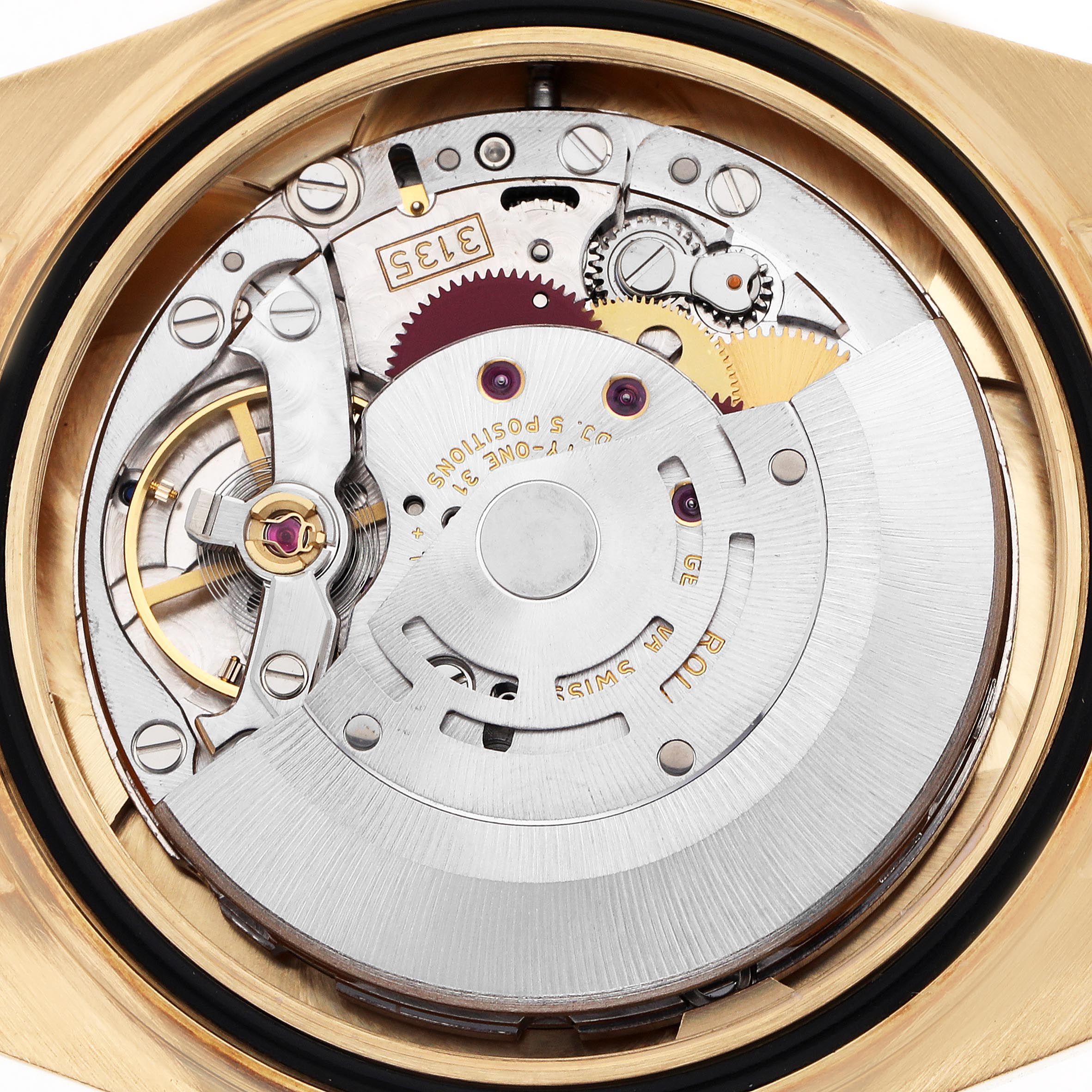 The image shows the movement mechanism of a Rolex Submariner 16618 Men's Yellow Gold Black Dial 16618 Men's Yellow Gold Black Dial, focusing on the rotor and internal gears.