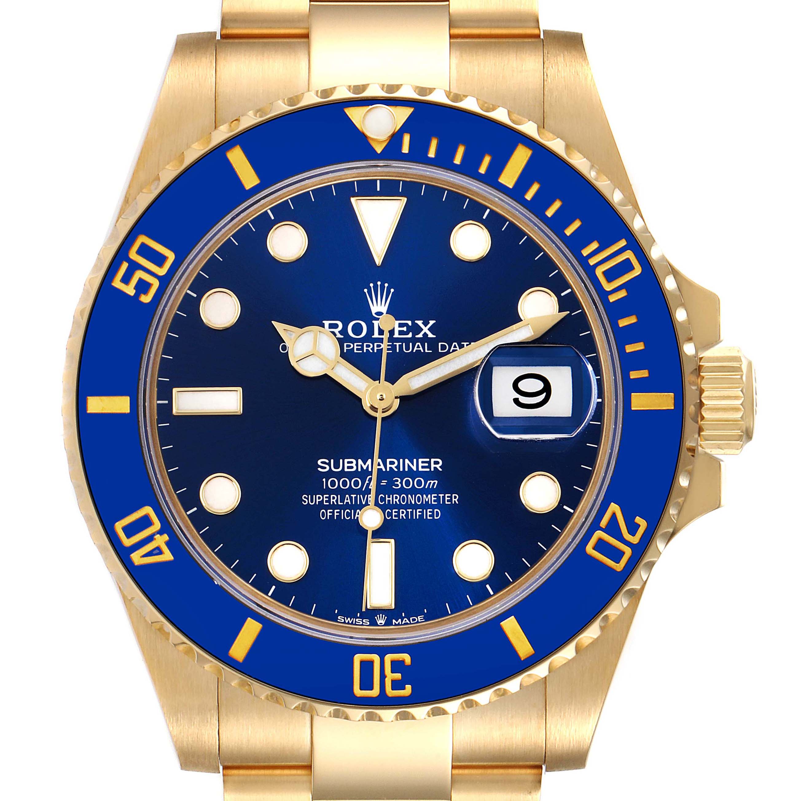 The Rolex Submariner 126618LB Men's Yellow Gold Blue Dial 126618LB Men's Yellow Gold Blue Dial watch is shown from a top-down angle displaying its dial, bezel, and part of the bracelet.
