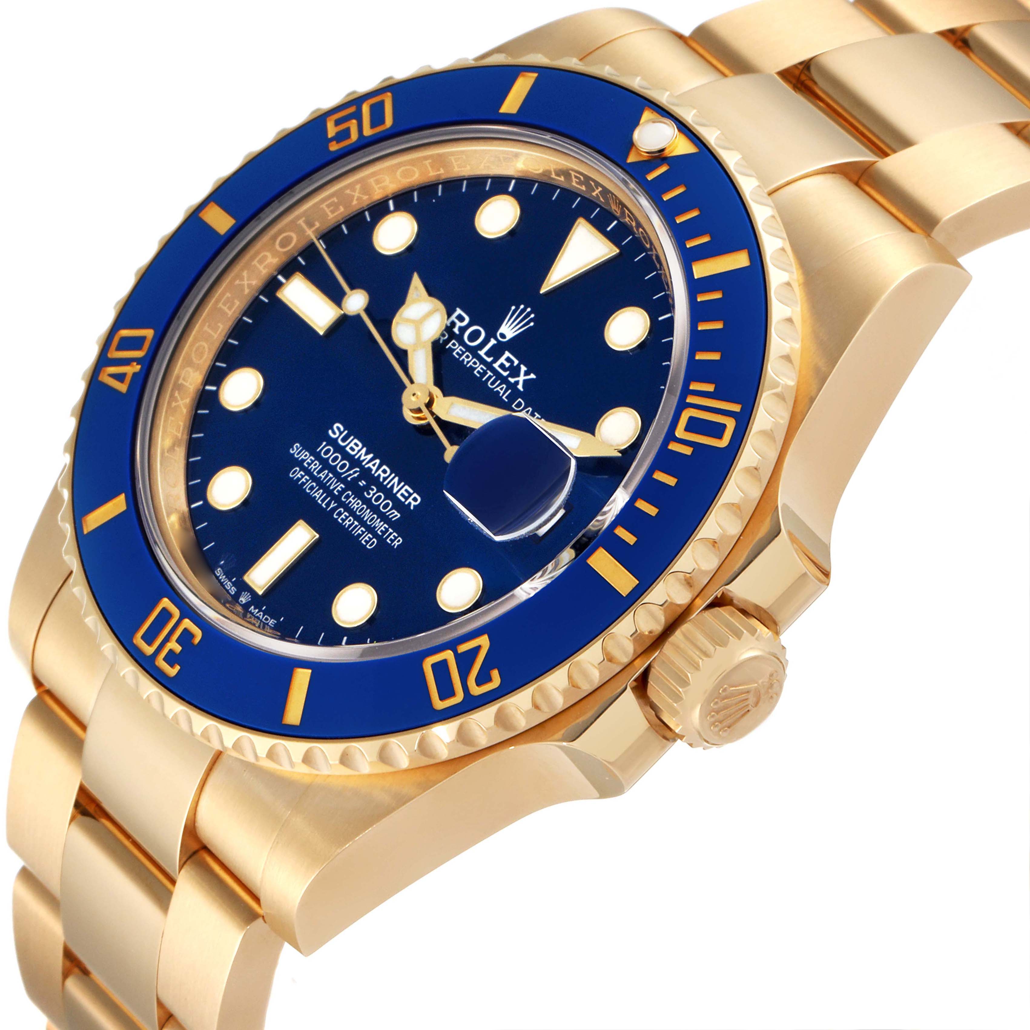 This image shows the Rolex Submariner 126618LB Men's Yellow Gold Blue Dial 126618LB Men's Yellow Gold Blue Dial watch, angled to display the face, bezel, and part of the bracelet.