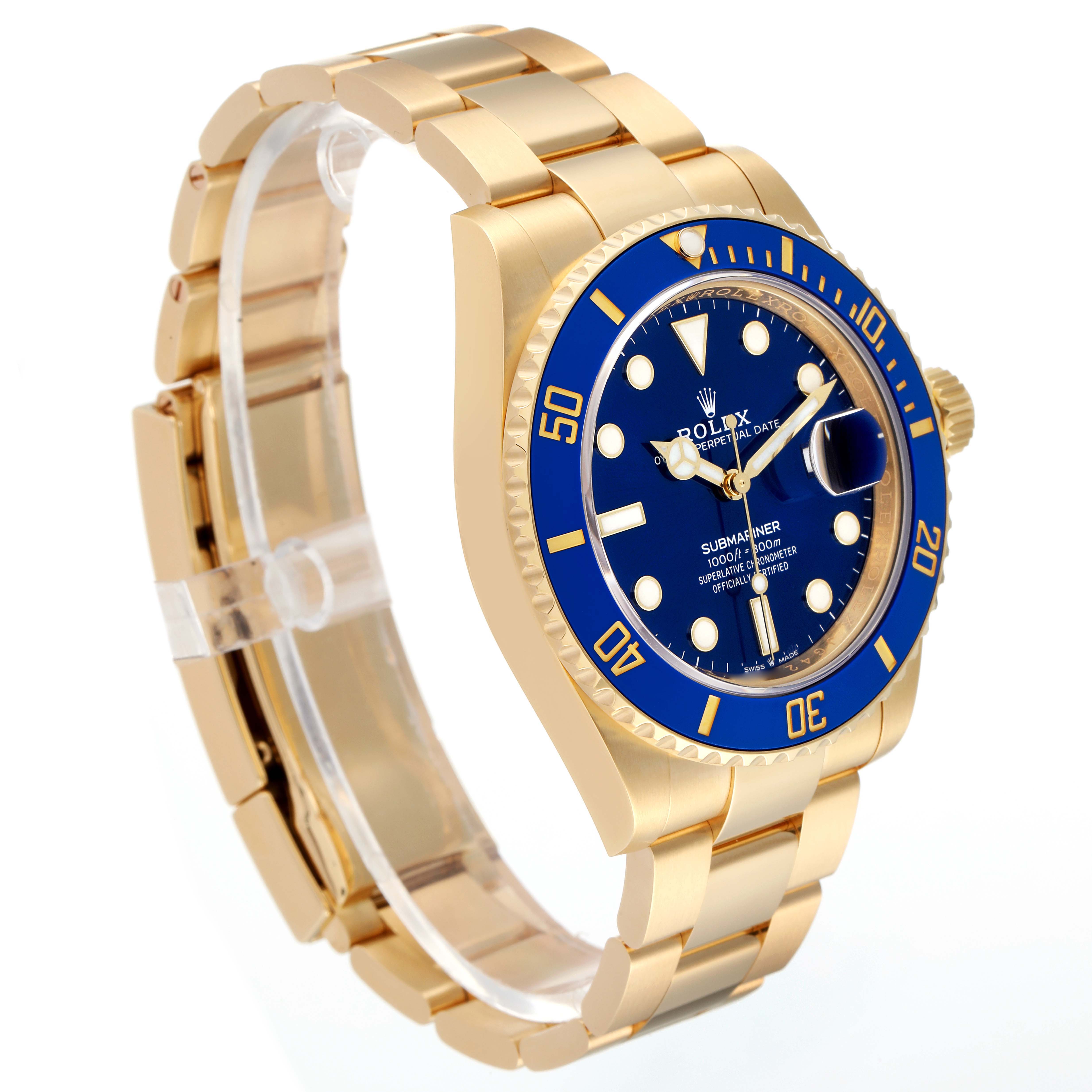 The image shows a side and angled view of a Rolex Submariner 126618LB Men's Yellow Gold Blue Dial 126618LB Men's Yellow Gold Blue Dial, displaying the dial, bezel, crown, and bracelet.
