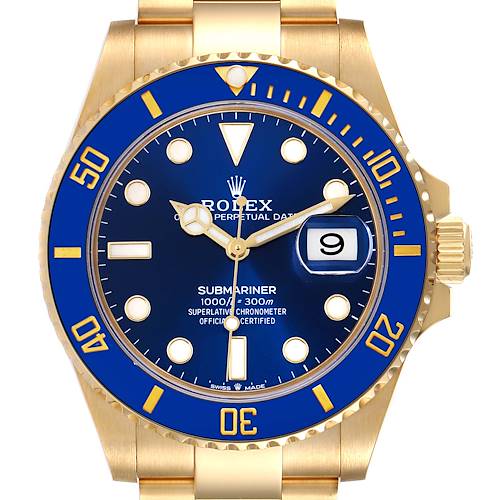 Photo of Rolex Submariner Yellow Gold Blue Dial Bezel Mens Watch 126618 Box Card