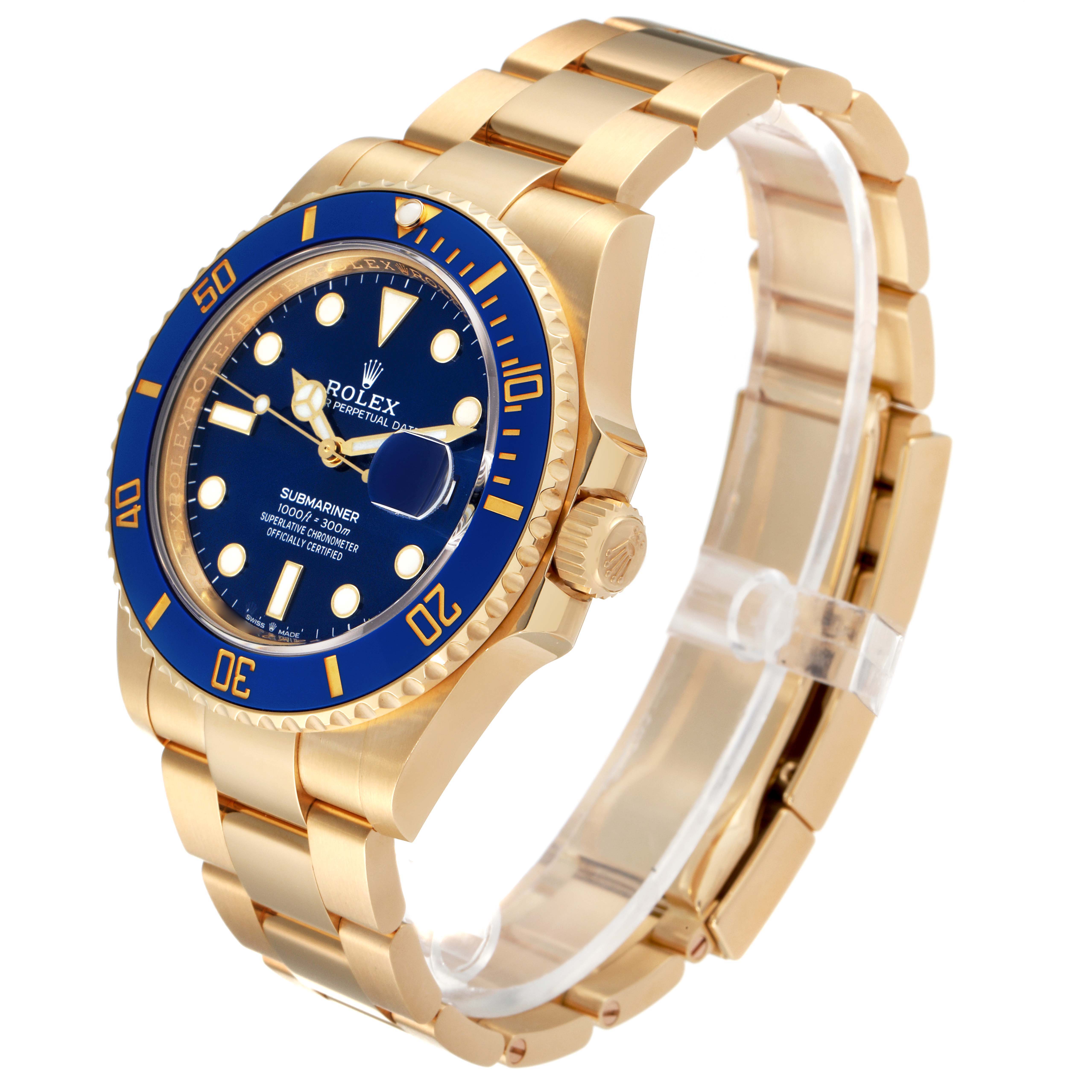 The image shows a Rolex Submariner 126618LB Men's Yellow Gold Blue Dial 126618LB Men's Yellow Gold Blue Dial watch at a three-quarter angle, highlighting its blue dial, bezel, crown, and gold bracelet.