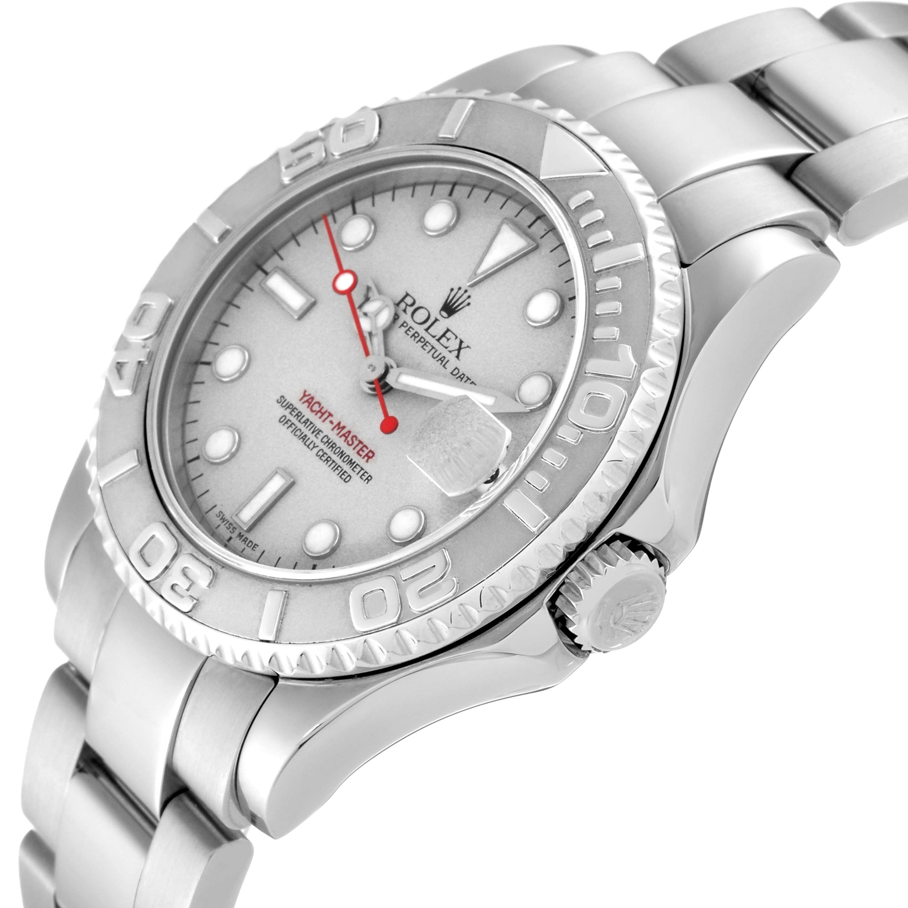 The image shows a side angle view of a Rolex Yacht-Master 168622 Men's Stainless Steel Silver Dial 168622 Men's Stainless Steel Silver Dial watch, highlighting the face, bezel, and bracelet.