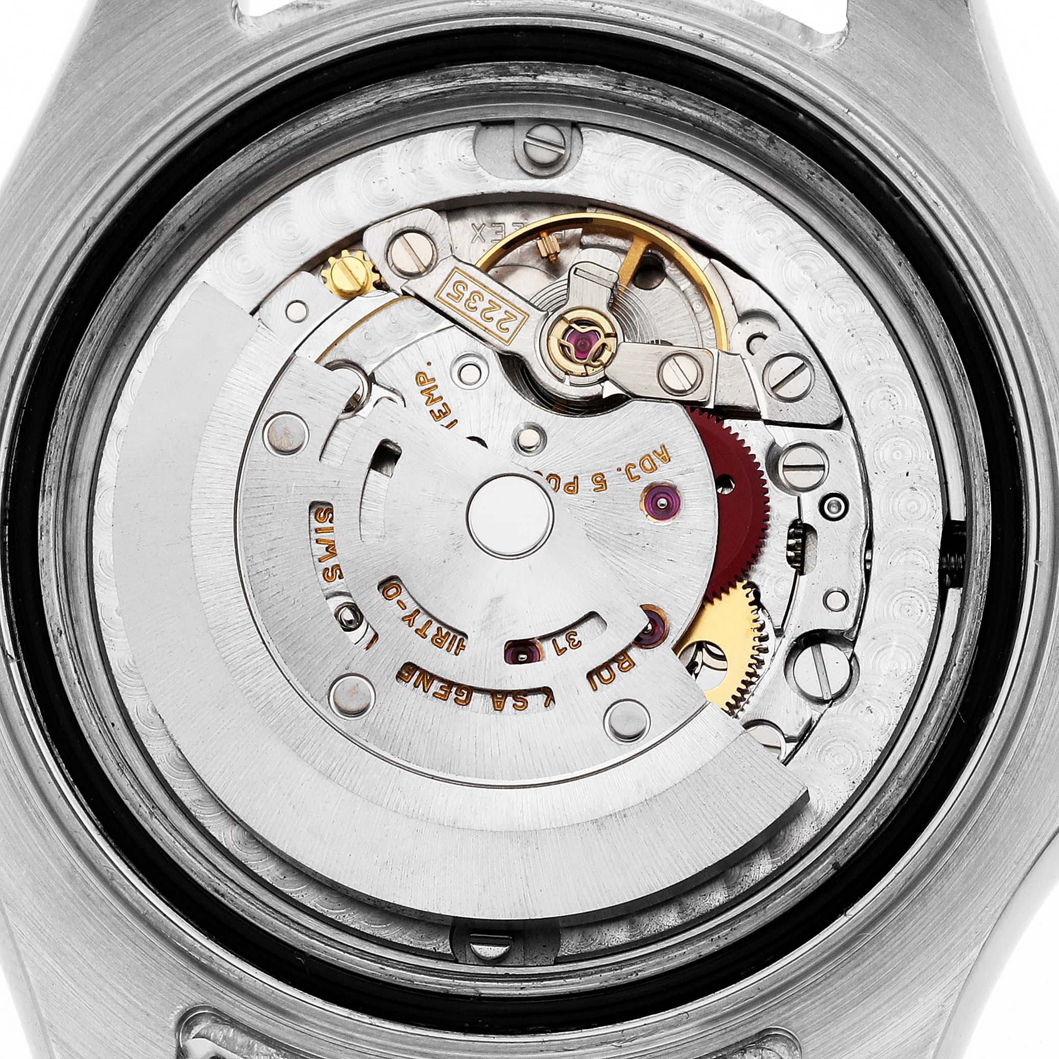 This image shows the intricate movement parts of a Rolex Yacht-Master 168622 Men's Stainless Steel Silver Dial 168622 Men's Stainless Steel Silver Dial watch from a rear angle.