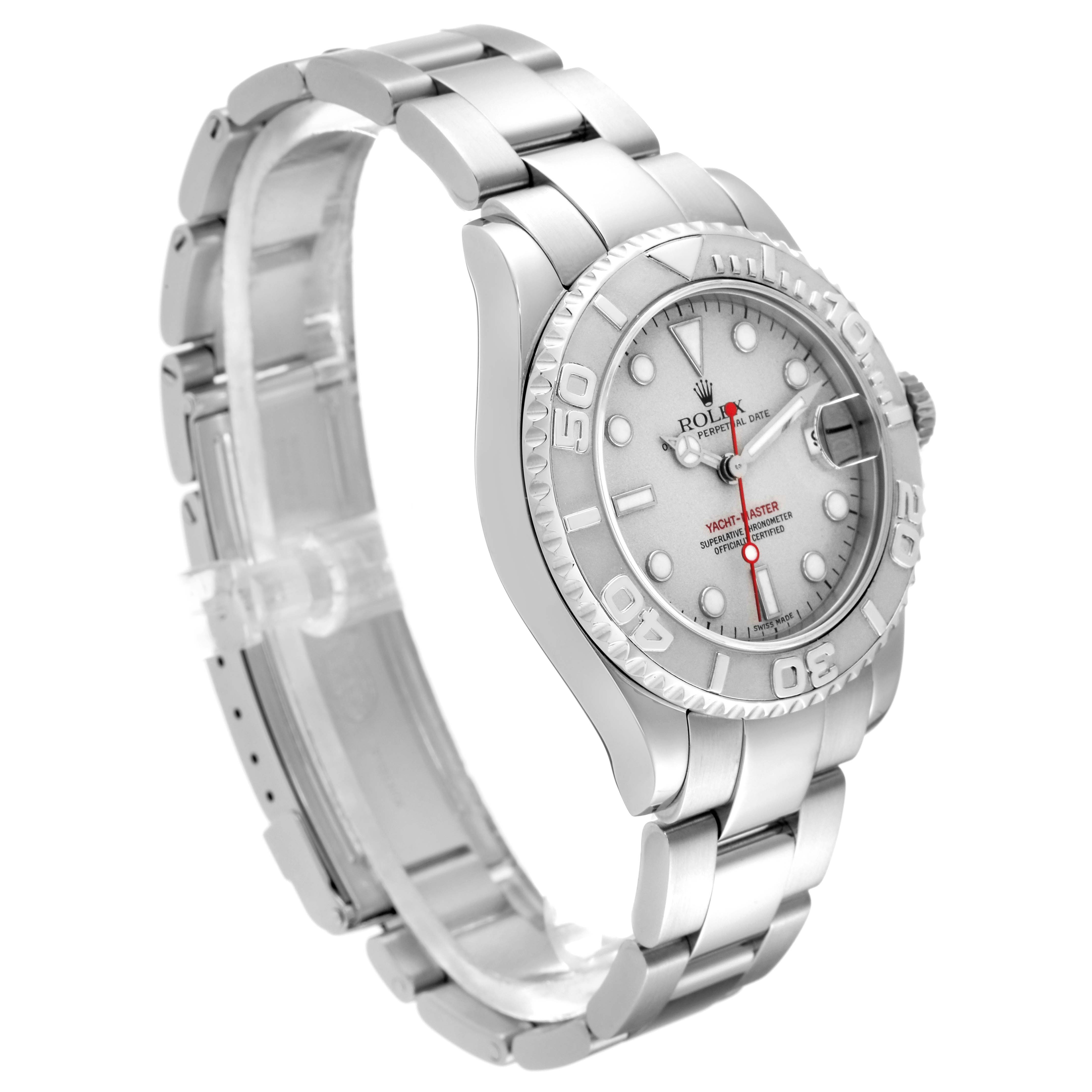 The image shows a Rolex Yacht-Master 168622 Men's Stainless Steel Silver Dial 168622 Men's Stainless Steel Silver Dial watch from an angled side view, highlighting its bezel, dial, and bracelet.