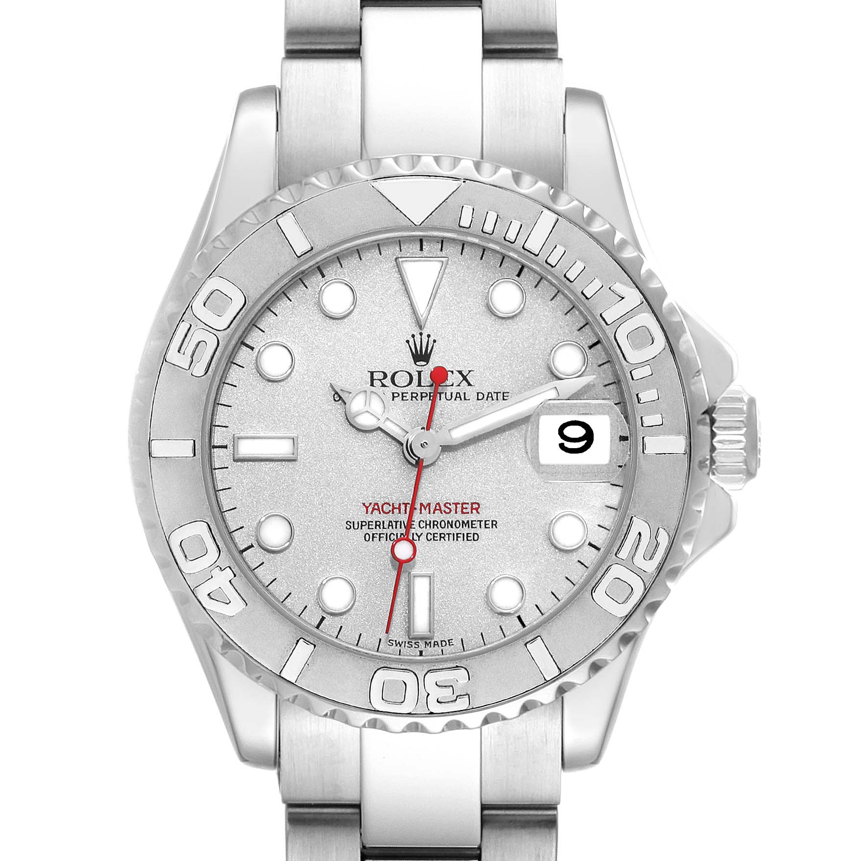 The image shows a Rolex Yacht-Master 168622 Men's Stainless Steel Silver Dial 168622 Men's Stainless Steel Silver Dial watch from a frontal angle, highlighting its dial, bezel, and part of the bracelet.