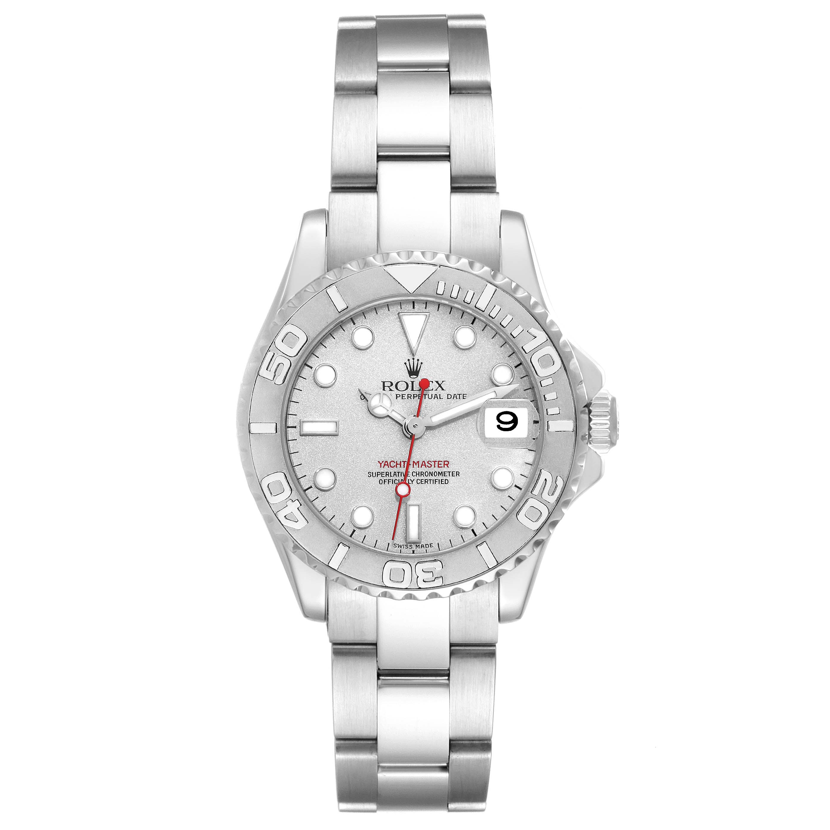 The Rolex Yacht-Master 168622 Men's Stainless Steel Silver Dial 168622 Men's Stainless Steel Silver Dial watch is shown from a front angle, displaying the face, bezel, and bracelet.