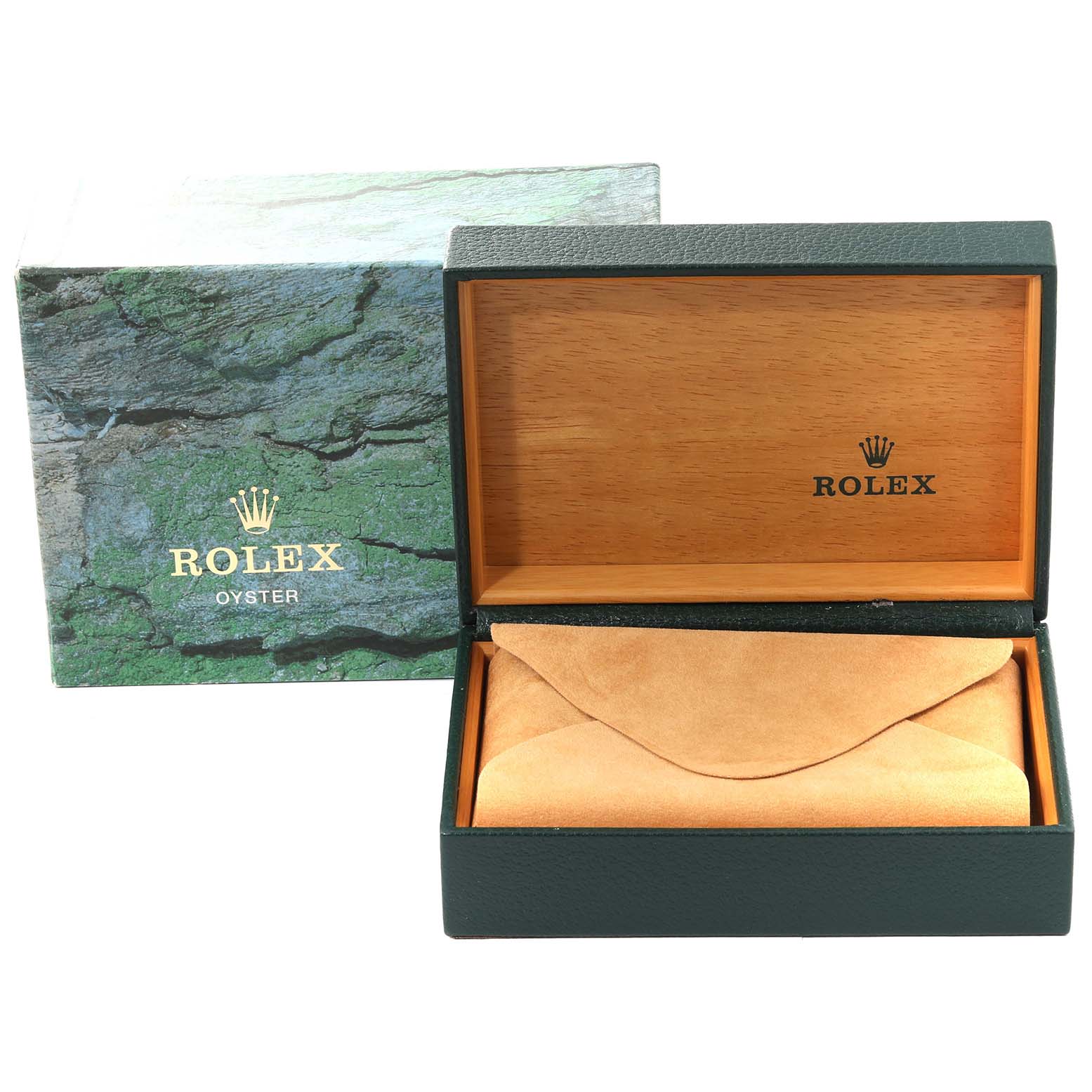 The image shows a Rolex Yacht-Master 168622 Men's Stainless Steel Silver Dial 168622 Men's Stainless Steel Silver Dial watch box and its cover with the box open.