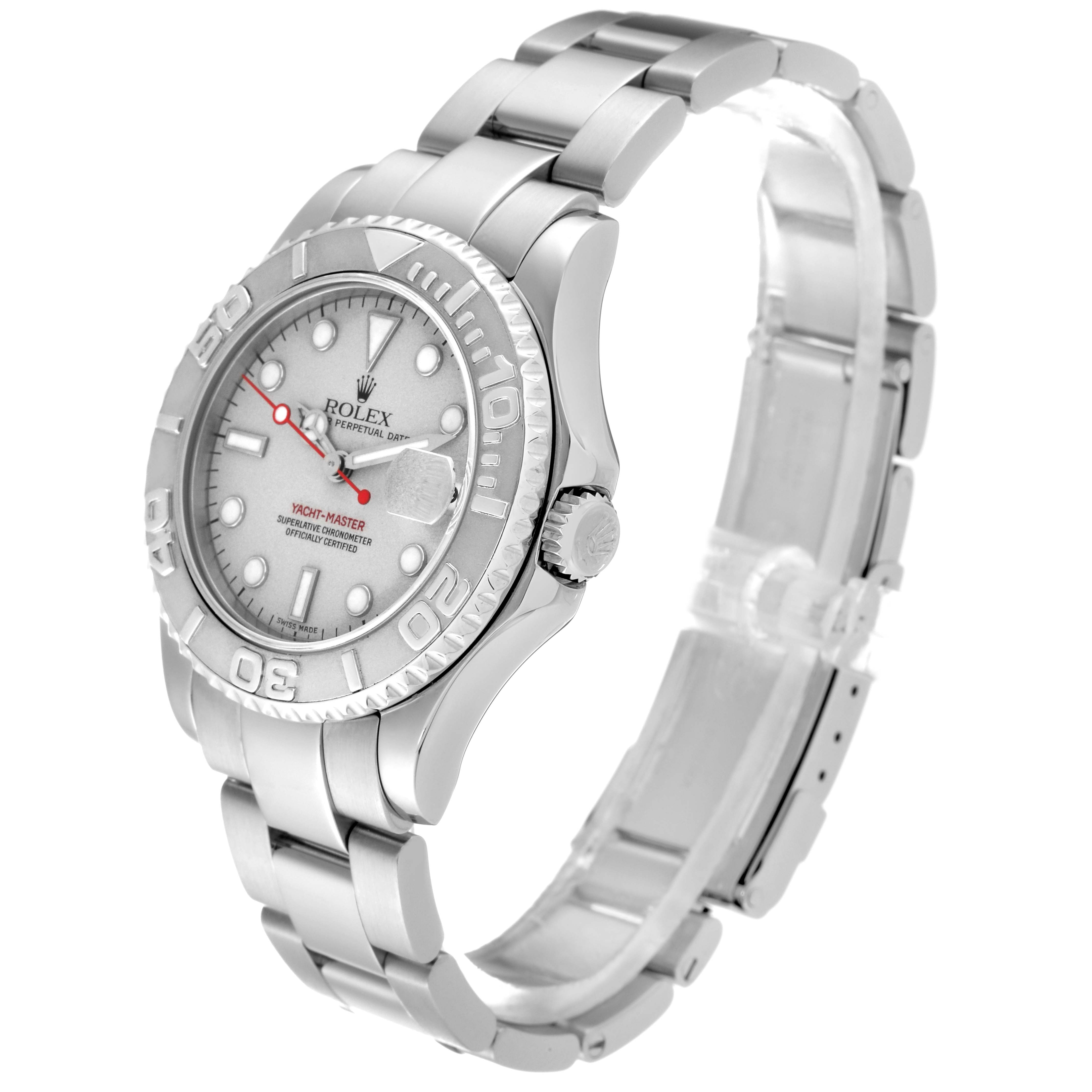 The Rolex Yacht-Master 168622 Men's Stainless Steel Silver Dial 168622 Men's Stainless Steel Silver Dial watch is shown at a slight angle, displaying its face, bezel, and metal bracelet.