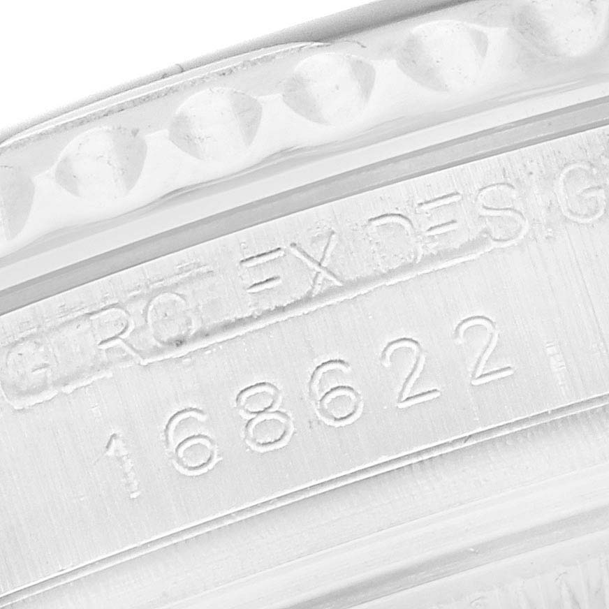 This close-up image shows the model number 168622 and the "Rolex Design" engraving on the Yacht-Master Rolex watch's case.