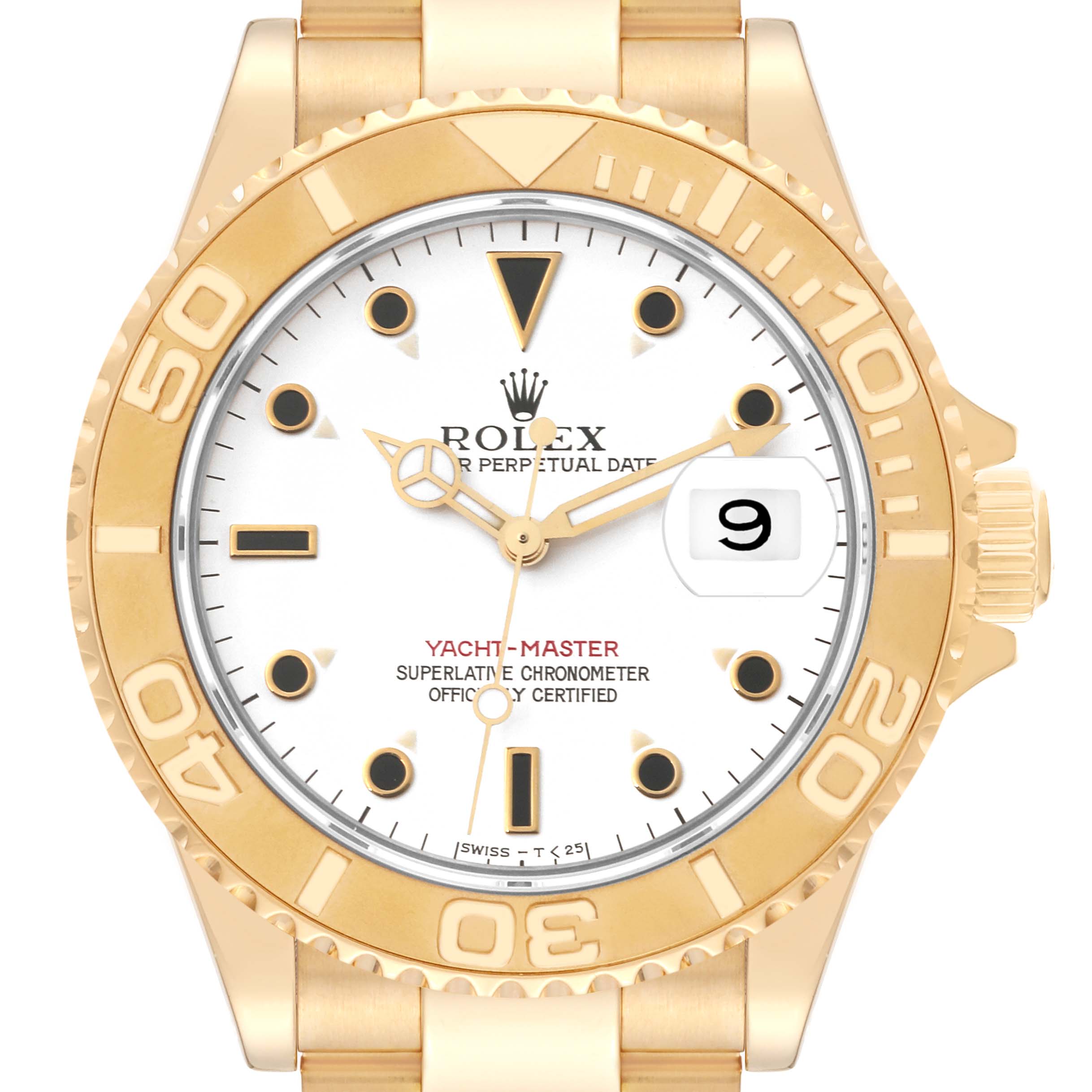 The image shows a front view of a Rolex Yacht-Master 16628 Men's Yellow Gold White Dial 16628 Men's Yellow Gold White Dial watch, highlighting its dial, bezel, and part of the bracelet.