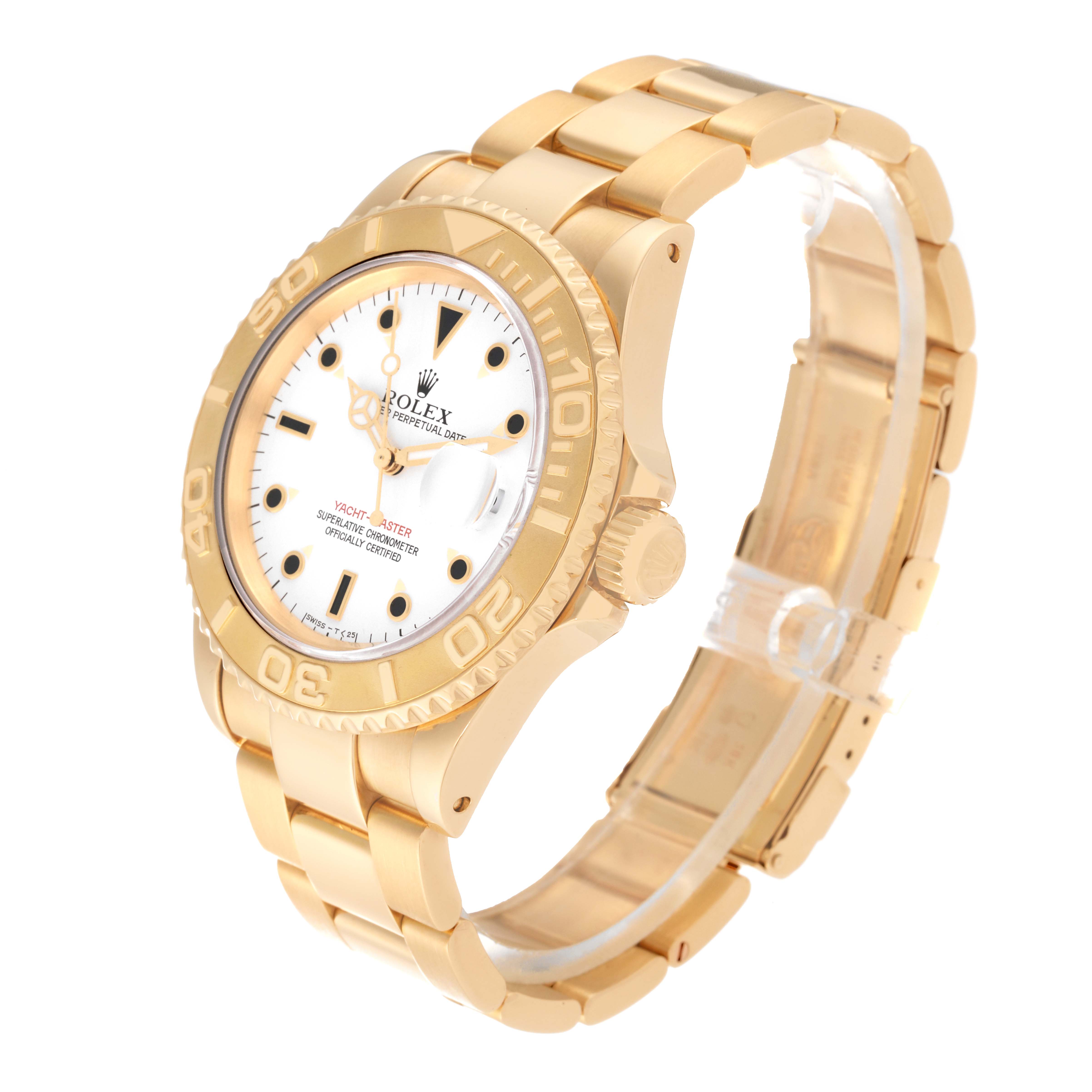 The image shows a gold Rolex Yacht-Master 16628 Men's Yellow Gold White Dial 16628 Men's Yellow Gold White Dial watch at a three-quarter angle, highlighting its bezel, dial, bracelet, and crown.