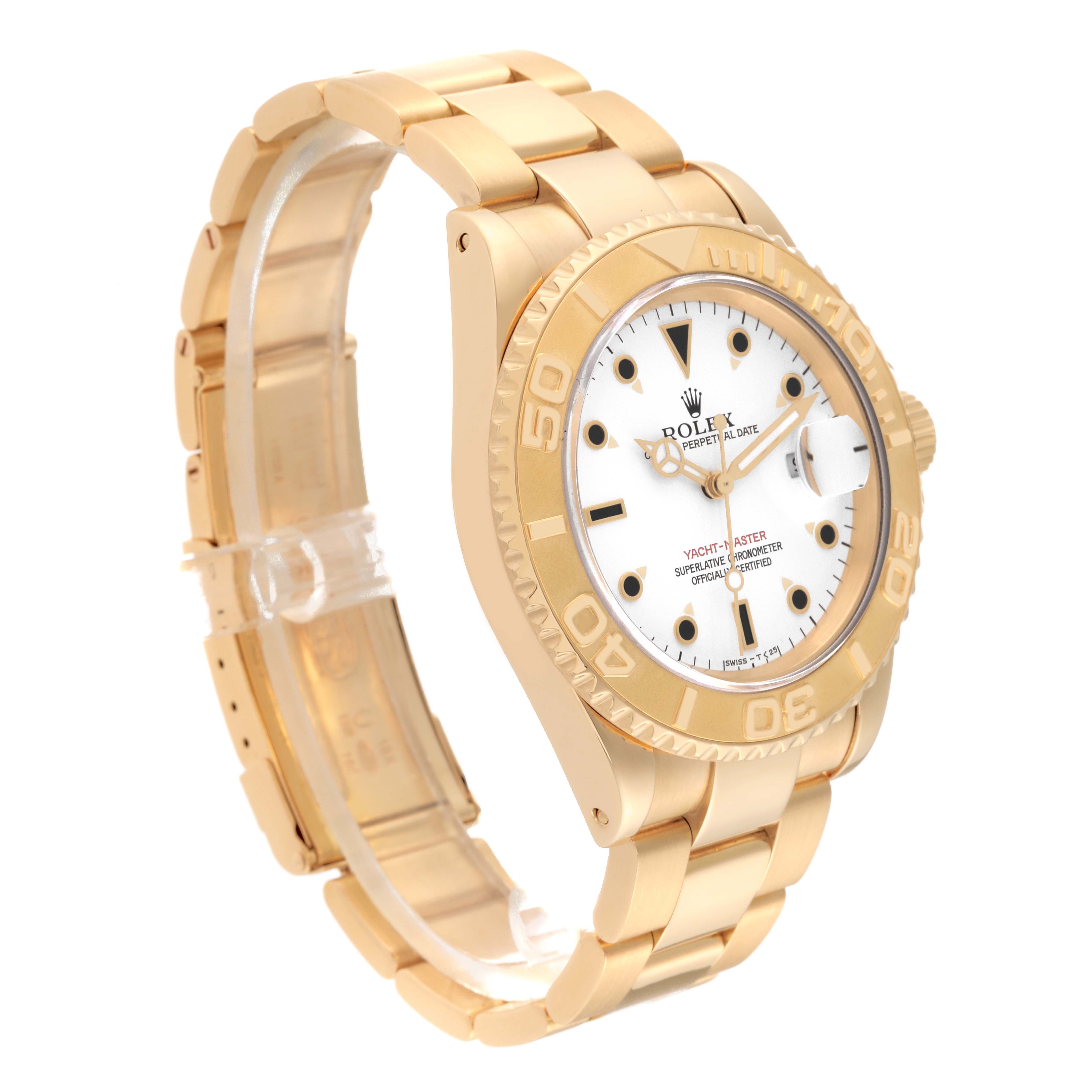 The image shows a side angle of a Rolex Yacht-Master 16628 Men's Yellow Gold White Dial 16628 Men's Yellow Gold White Dial watch, focusing on the gold case, bezel, bracelet, and white dial.