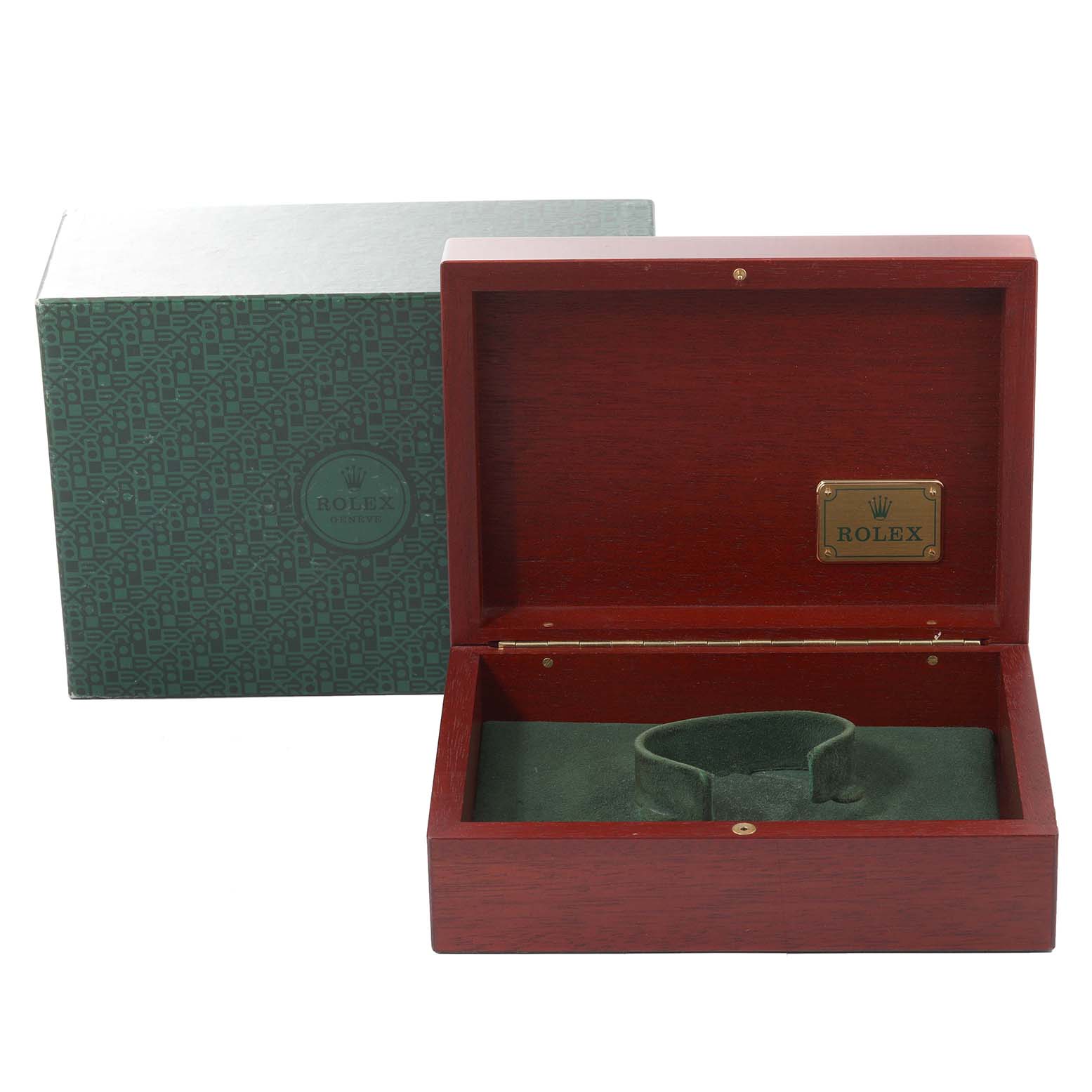 The image shows a Rolex Yacht-Master 16628 Men's Yellow Gold White Dial 16628 Men's Yellow Gold White Dial watch box, including the outer green box and the inner wooden case with a green cushion inside.