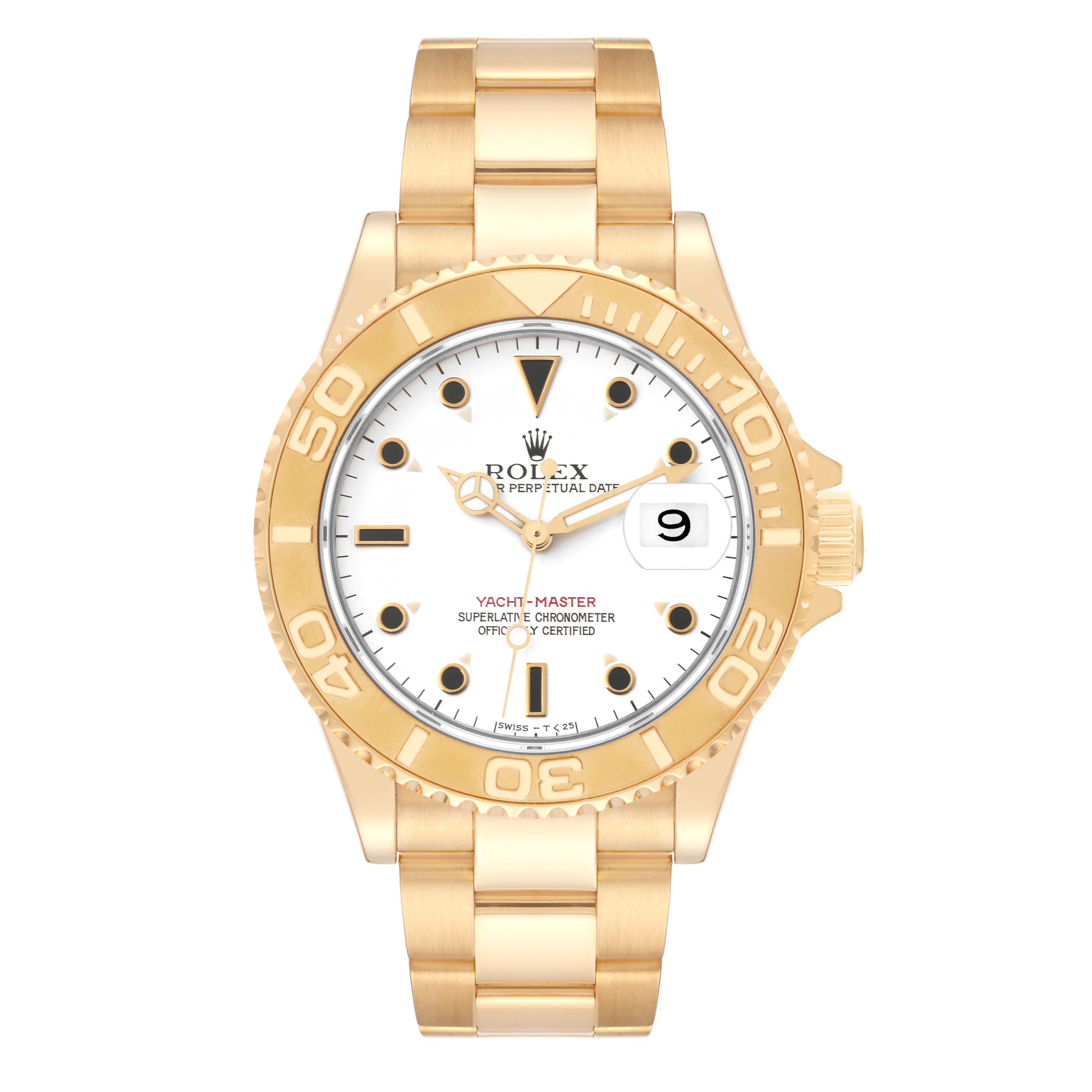 The image shows a frontal view of a Rolex Yacht-Master 16628 Men's Yellow Gold White Dial 16628 Men's Yellow Gold White Dial watch featuring a white dial, gold bezel, gold bracelet, and date window.