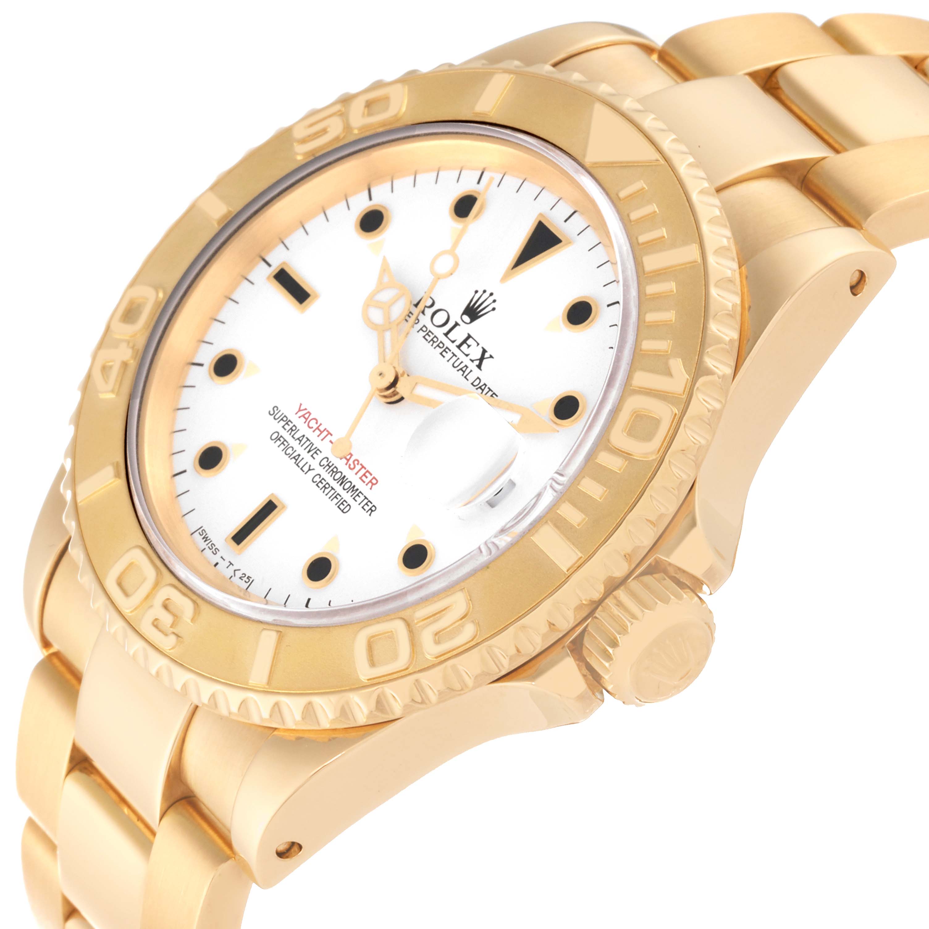 This image shows the Rolex Yacht-Master 16628 Men's Yellow Gold White Dial 16628 Men's Yellow Gold White Dial watch from an angled side view, highlighting its gold case, bezel, and bracelet.