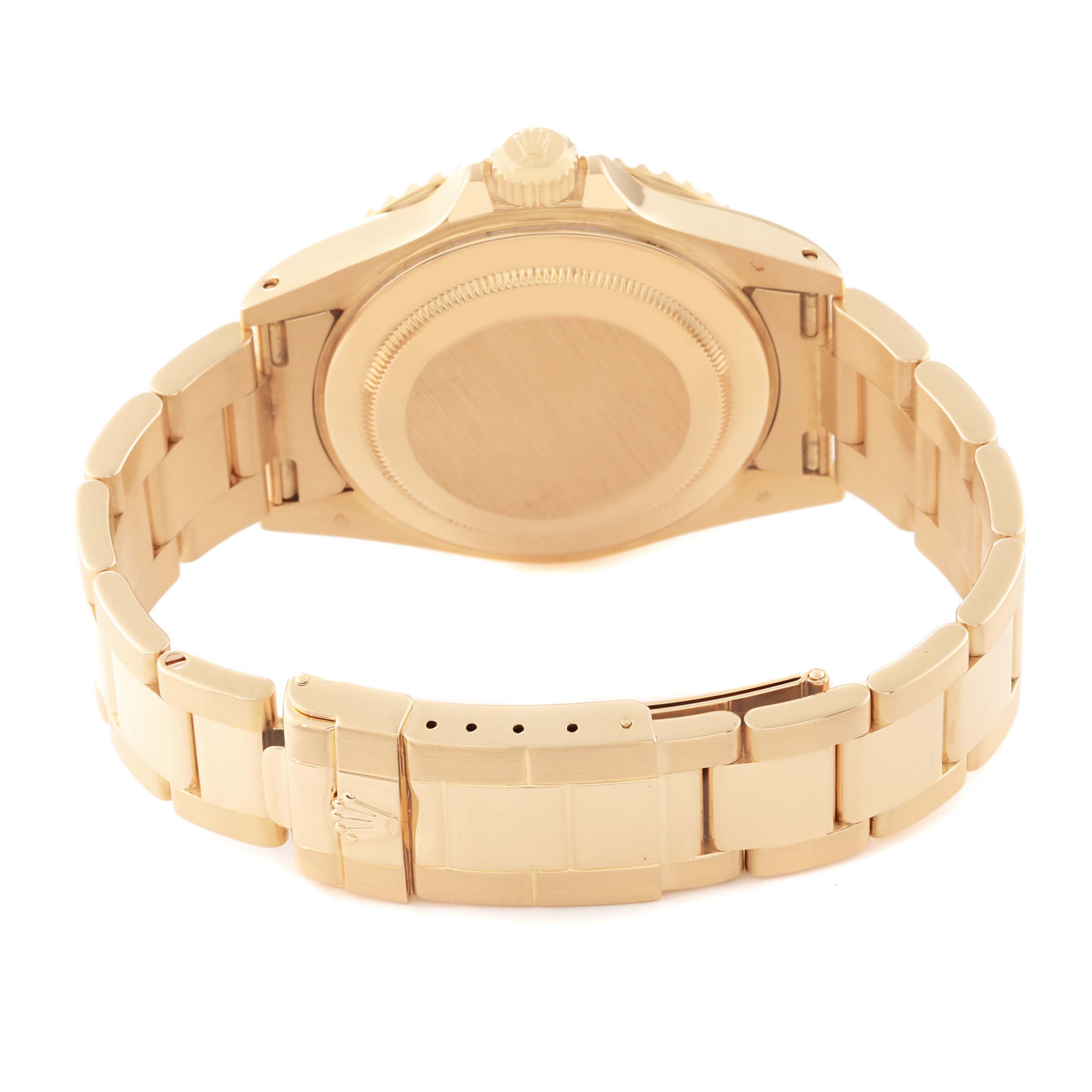 The image shows the rear view of the case and bracelet of a Rolex Yacht-Master 16628 Men's Yellow Gold White Dial 16628 Men's Yellow Gold White Dial watch.