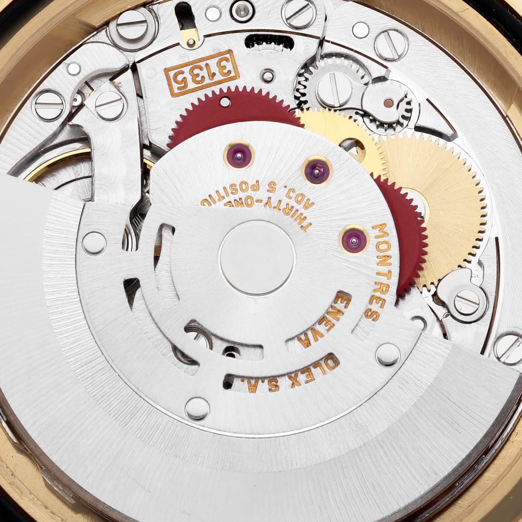 This is a close-up view of the movement mechanism of the Rolex Yacht-Master 16628 Men's Yellow Gold White Dial 16628 Men's Yellow Gold White Dial watch model.