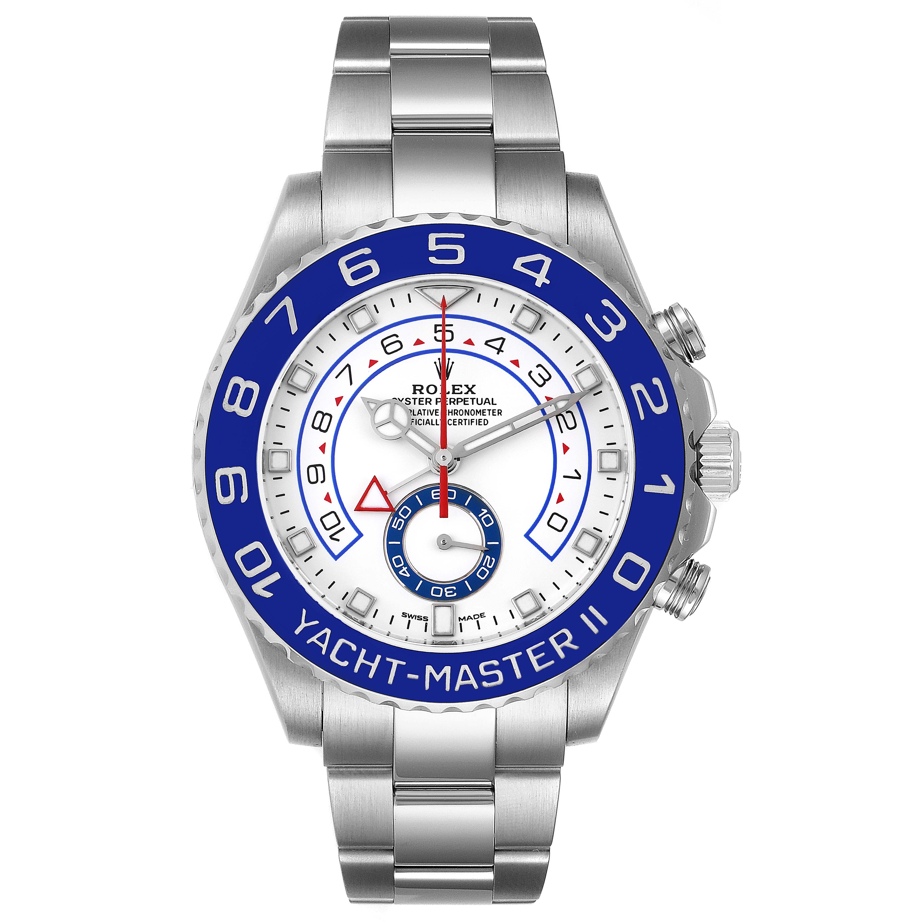 This image shows a frontal view of a Rolex Yacht-Master 116680 Men's Stainless Steel White Dial 116680 Men's Stainless Steel White Dial II watch, featuring the dial, bezel, and bracelet.