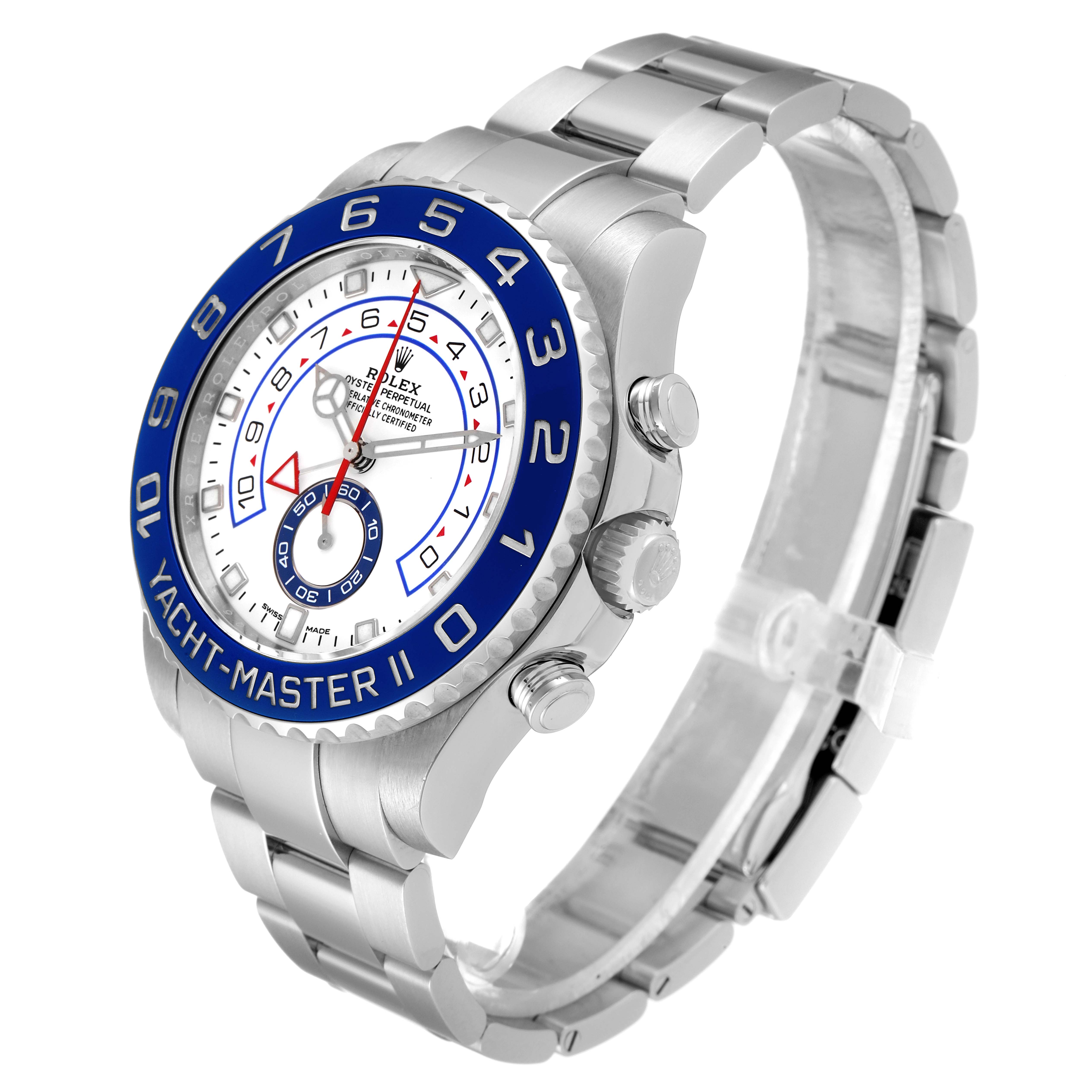 The Rolex Yacht-Master 116680 Men's Stainless Steel White Dial 116680 Men's Stainless Steel White Dial watch is pictured at a slight angle, showing the face, bezel, crown, and bracelet.