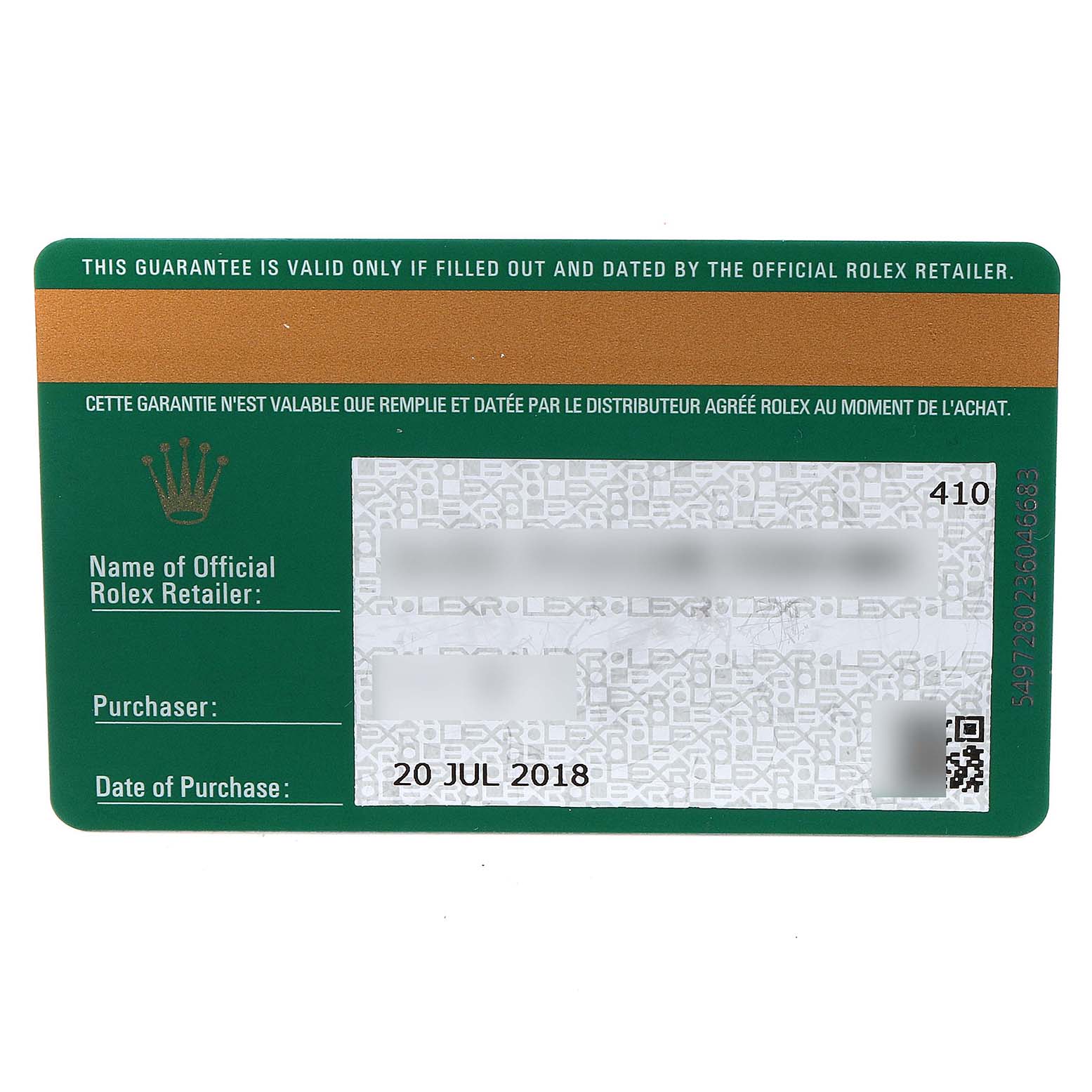 This is an image of a guarantee card for the Rolex Yacht-Master 116680 Men's Stainless Steel White Dial 116680 Men's Stainless Steel White Dial, displaying retailer, purchaser info, and purchase date.