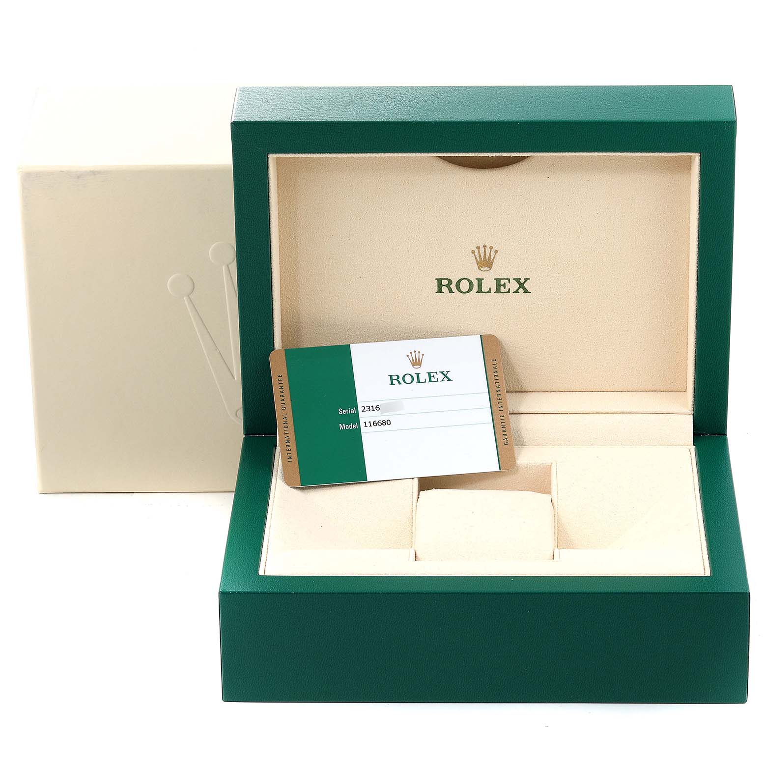 The image shows a Rolex Yacht-Master 116680 Men's Stainless Steel White Dial 116680 Men's Stainless Steel White Dial watch box with a warranty card placed inside.