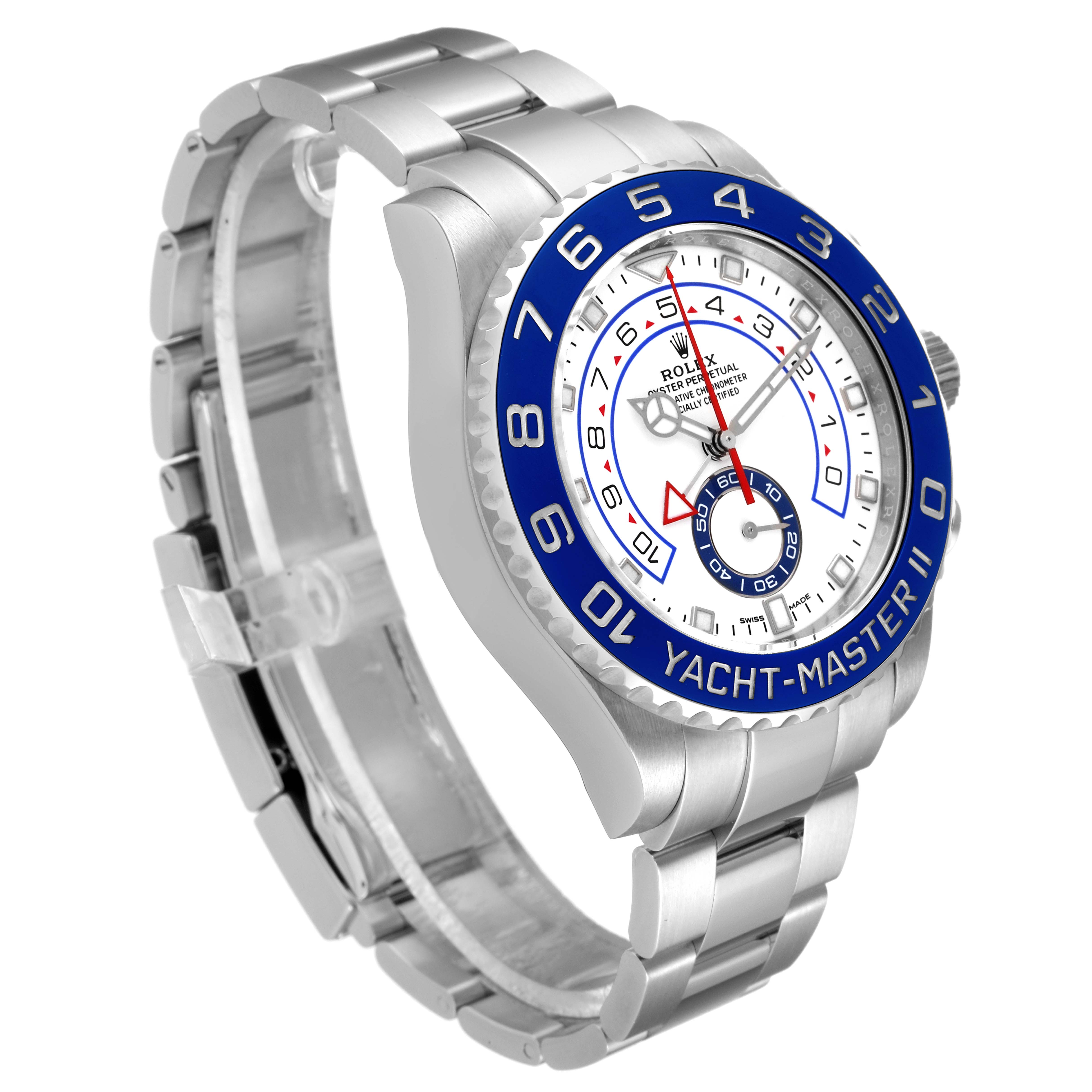 This image shows a Rolex Yacht-Master 116680 Men's Stainless Steel White Dial 116680 Men's Stainless Steel White Dial II watch from a side angle, highlighting its bezel, dial, and bracelet.