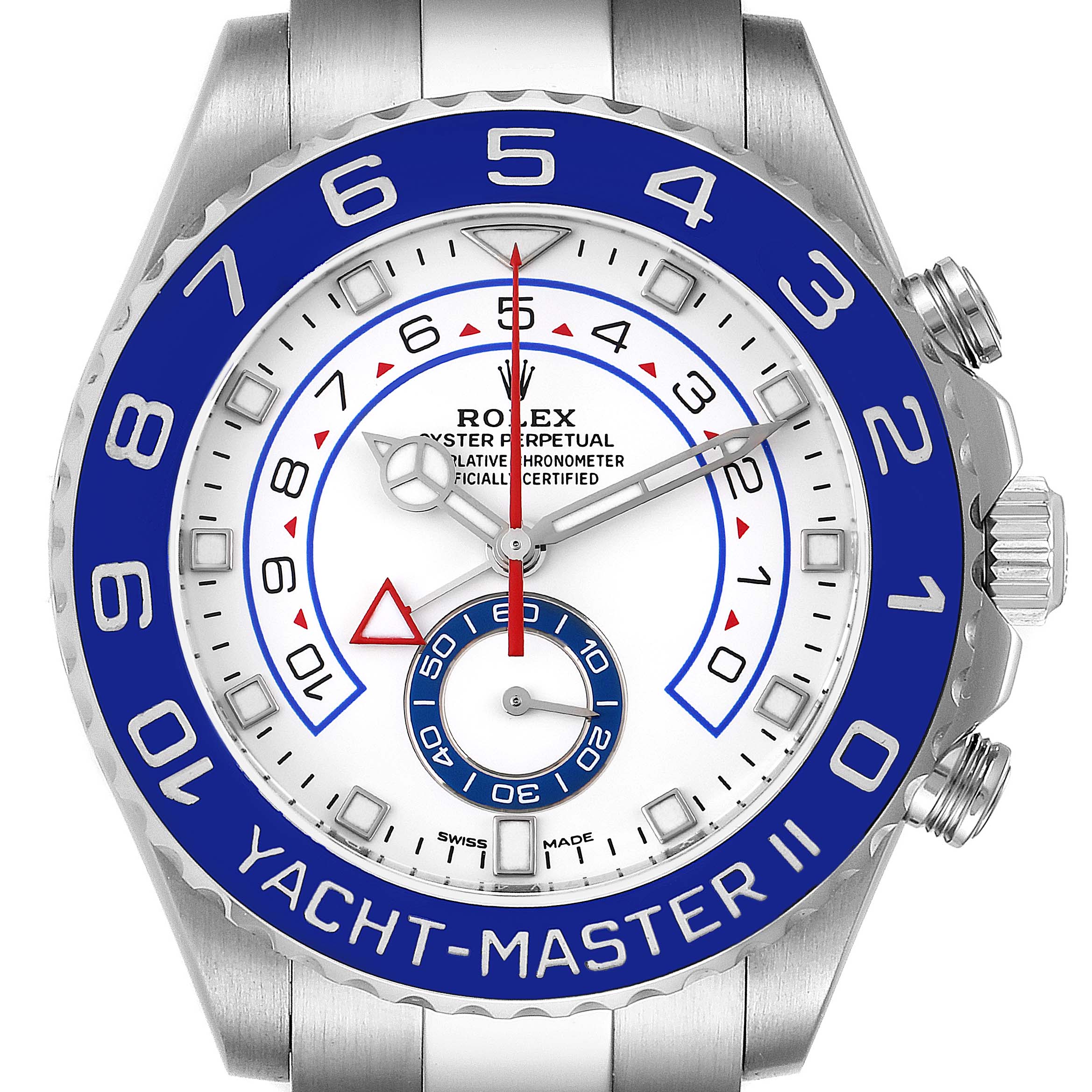 This image shows a frontal view of a Rolex Yacht-Master 116680 Men's Stainless Steel White Dial 116680 Men's Stainless Steel White Dial II watch, highlighting its dial, bezel, and crown.
