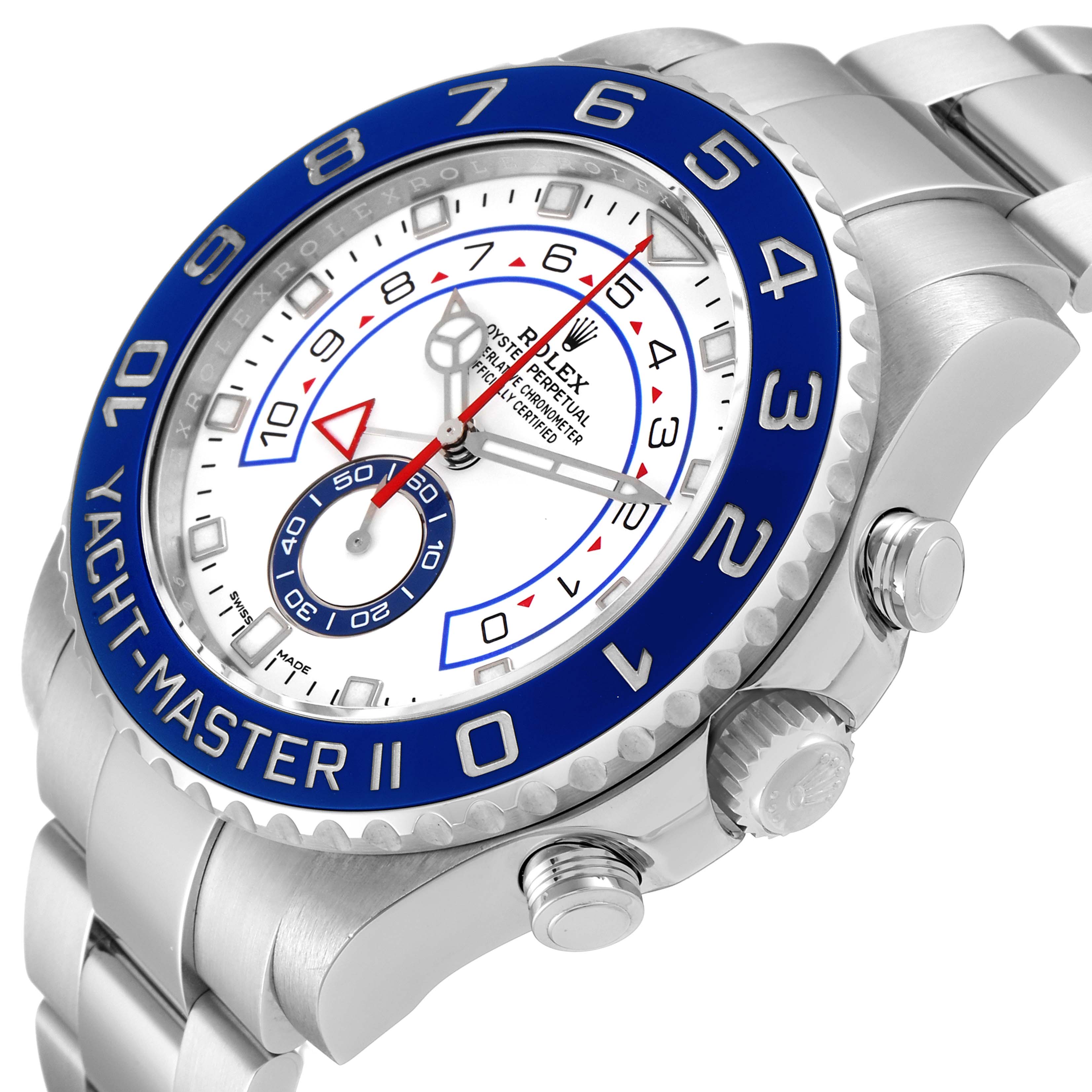 The image shows a close-up angle of the Rolex Yacht-Master 116680 Men's Stainless Steel White Dial 116680 Men's Stainless Steel White Dial II watch, highlighting its face, bezel, crown, and part of the bracelet.