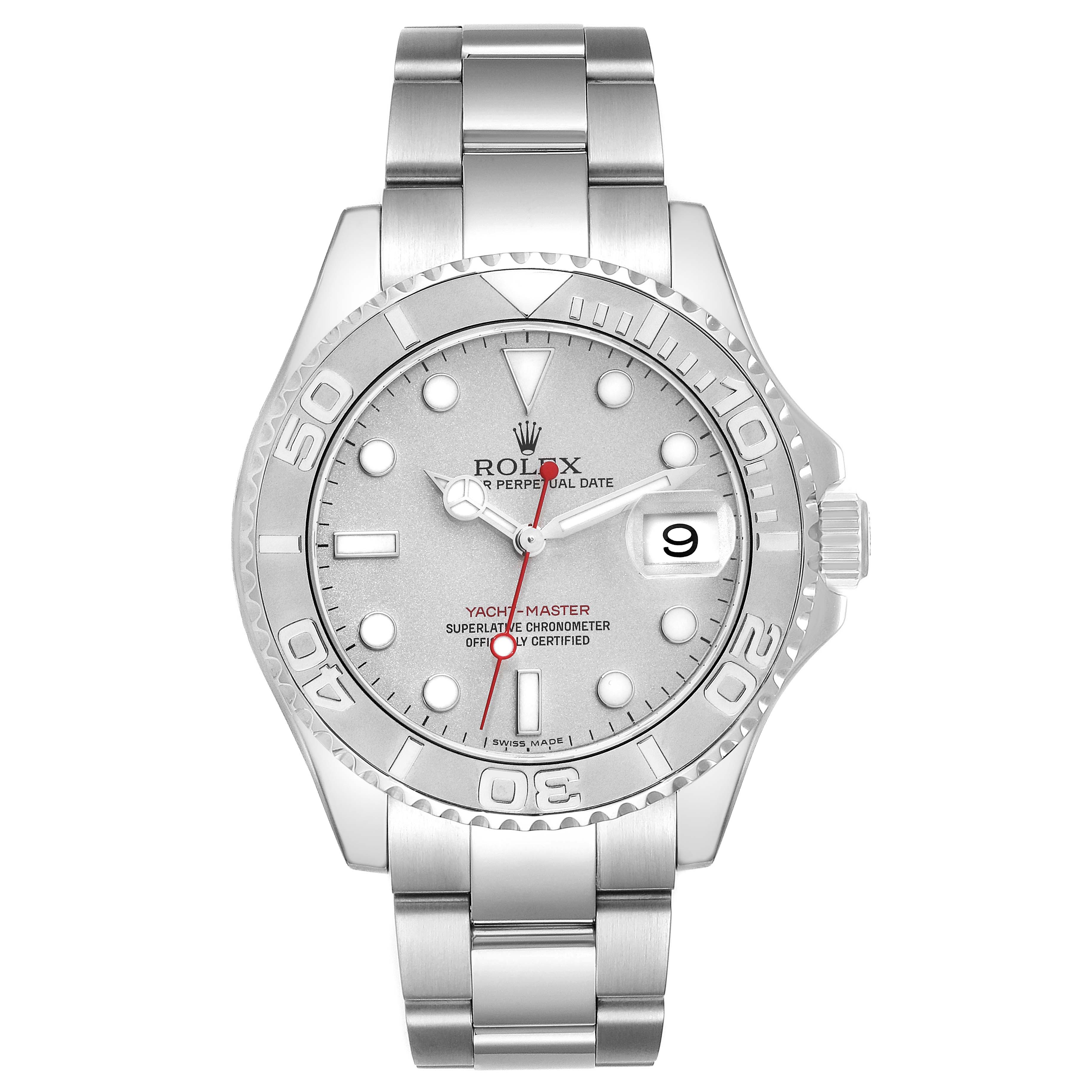 The image shows a front angle of a Rolex Yacht-Master 16622 Men's Stainless Steel Silver Dial 16622 Men's Stainless Steel Silver Dial watch, featuring its dial, bezel, case, and bracelet.
