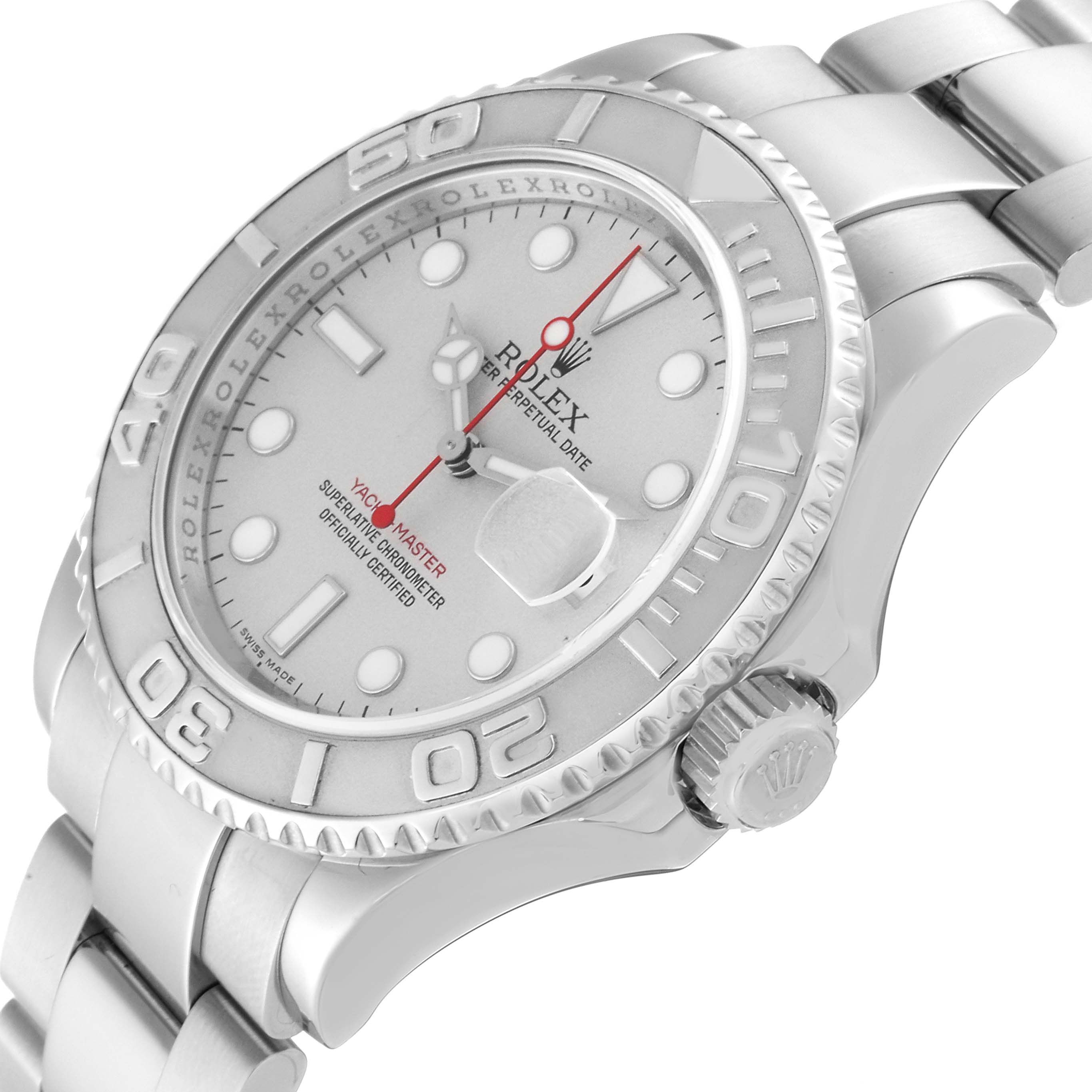 The image shows a Rolex Yacht-Master 16622 Men's Stainless Steel Silver Dial 16622 Men's Stainless Steel Silver Dial watch at an angled side view, displaying the face, bezel, crown, and part of the bracelet.