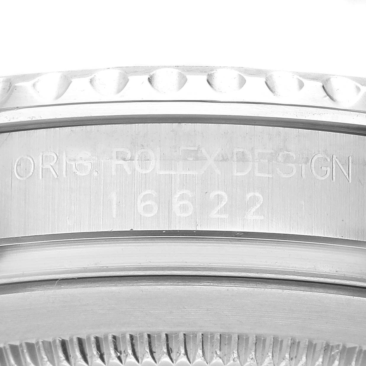 The image shows an angled view of the case and inner bezel of a Rolex Yacht-Master 16622 Men's Stainless Steel Silver Dial 16622 Men's Stainless Steel Silver Dial watch, displaying the model number 16622.