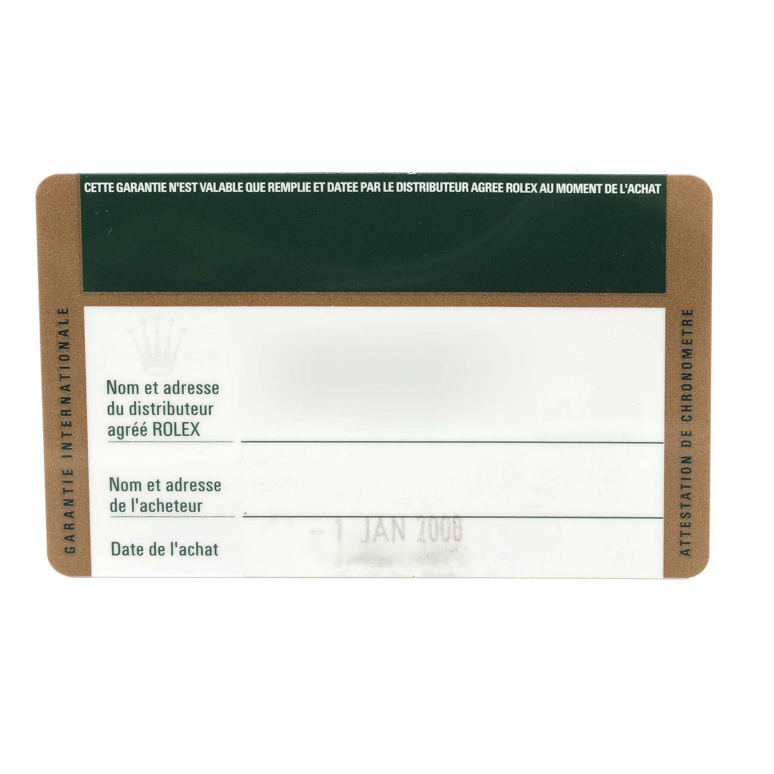 This is a warranty card for the Yacht-Master model by Rolex, shown front-facing.